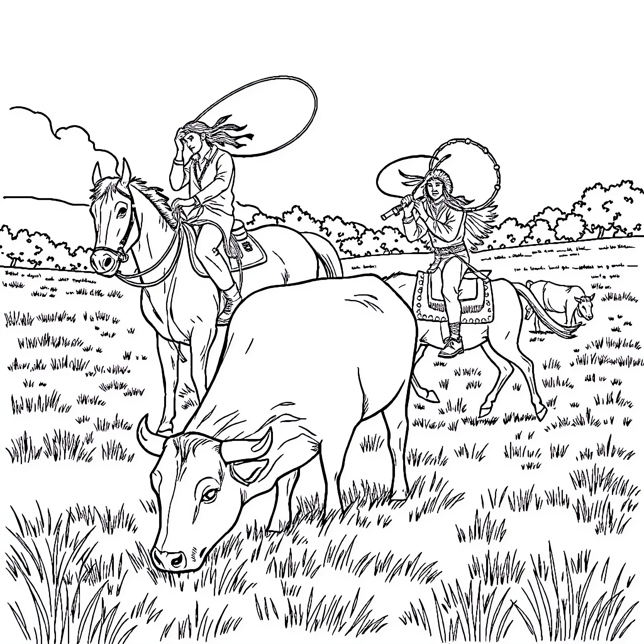 Cow-boys herding cattle in the countryside Coloring Page (free black-and-white line drawing printable PDF for all, from beginners to advanced learners, including children, teens, adults, and seniors)