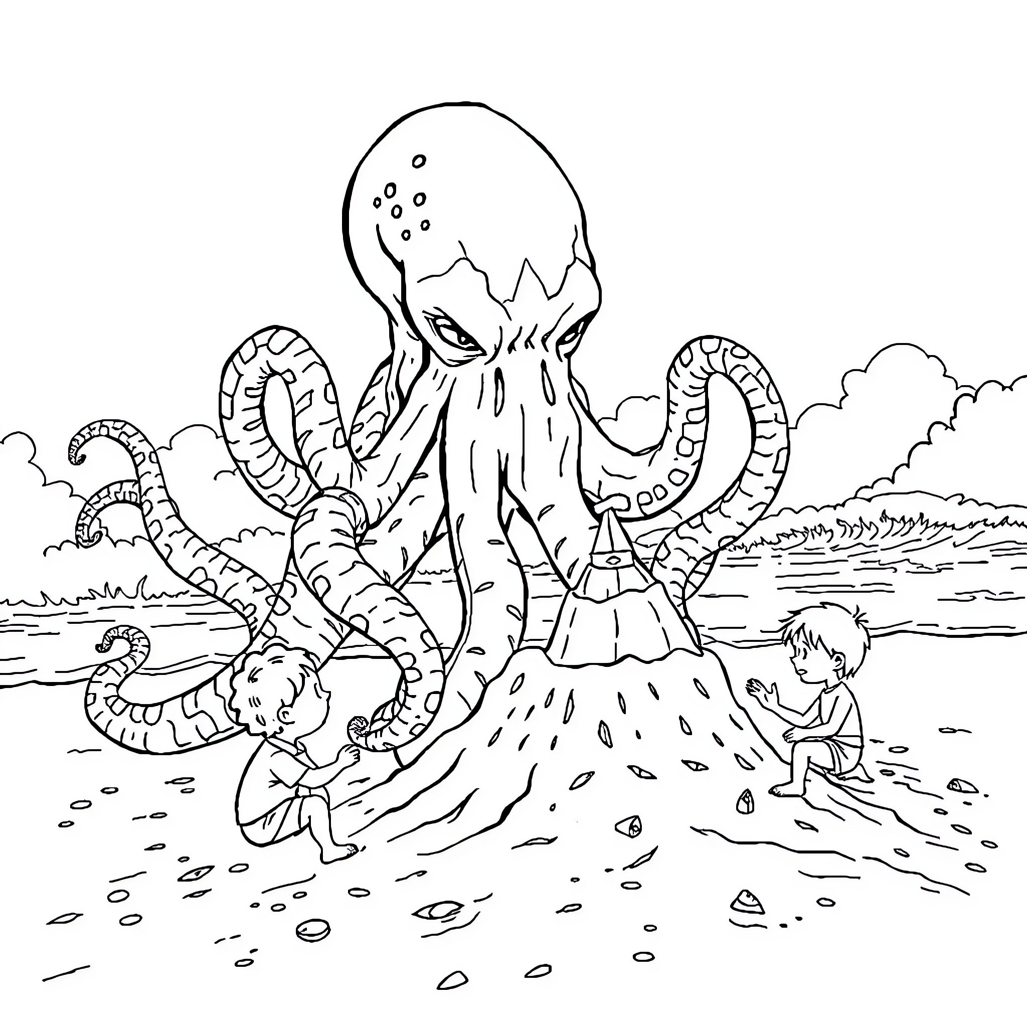 Cthulhu's Tentacle Embrace of Beachgoers Coloring Page (free black-and-white line drawing printable PDF for all, from beginners to advanced learners, including children, teens, adults, and seniors)