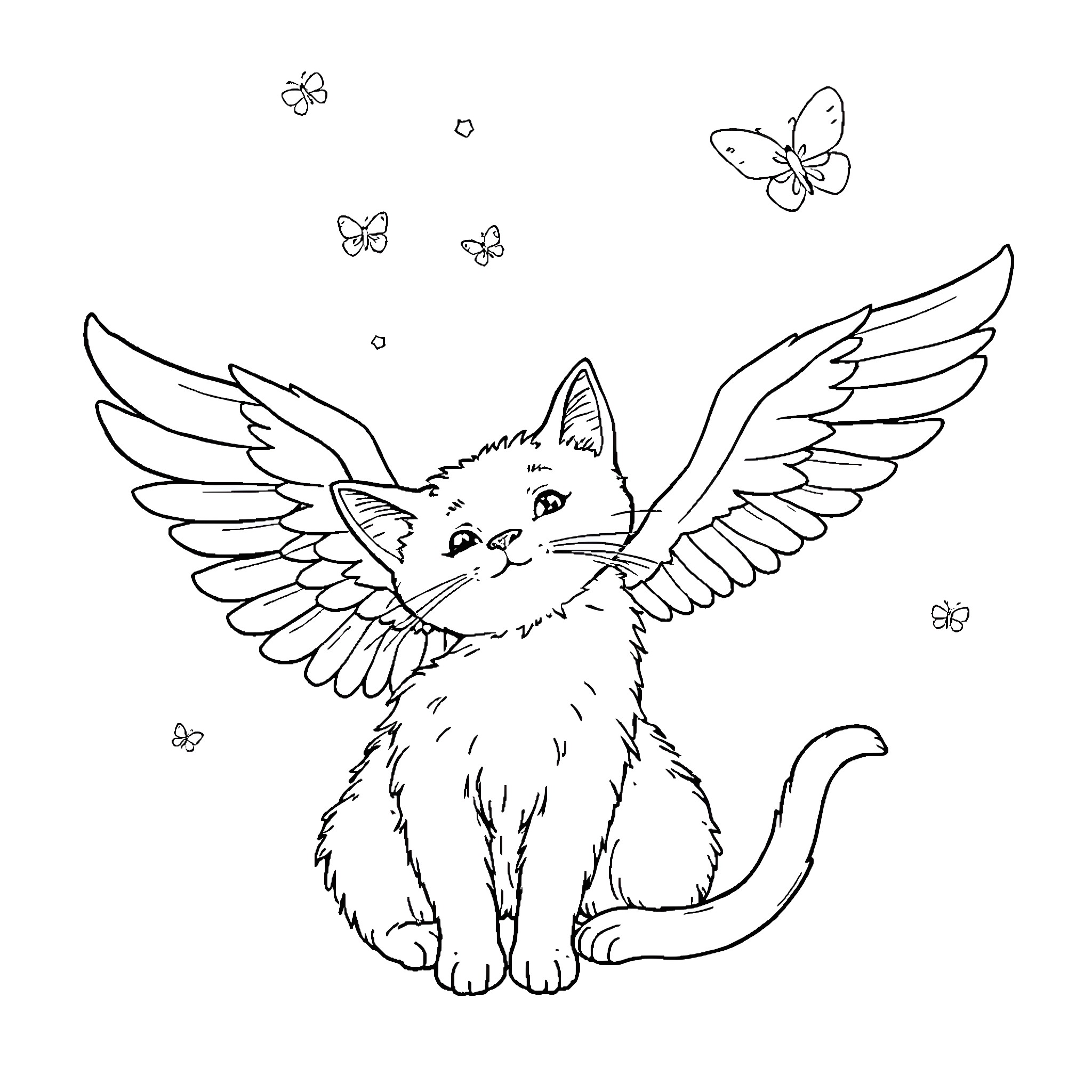 Winged Cat playing with butterflies Coloring Page (free black-and-white line drawing printable PDF for all, from beginners to advanced learners, including children, teens, adults, and seniors)