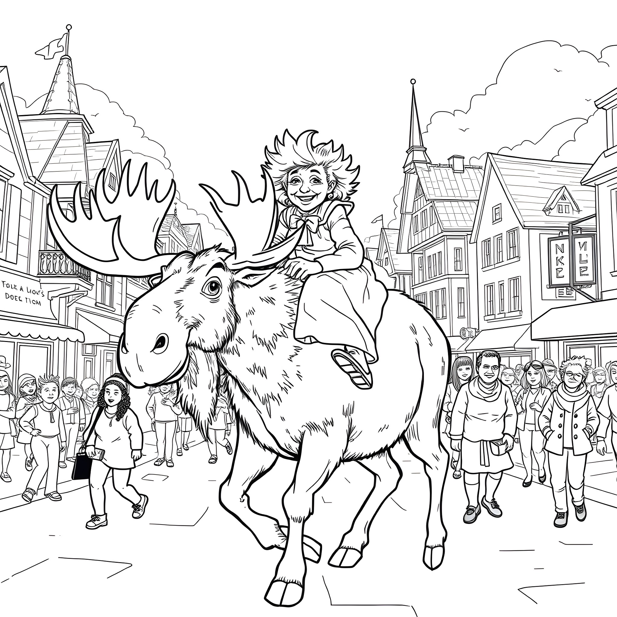 Old Lady Riding Antlered Animal in Busy Town Coloring Page (free black-and-white line drawing printable PDF for all, from beginners to advanced learners, including children, teens, adults, and seniors)