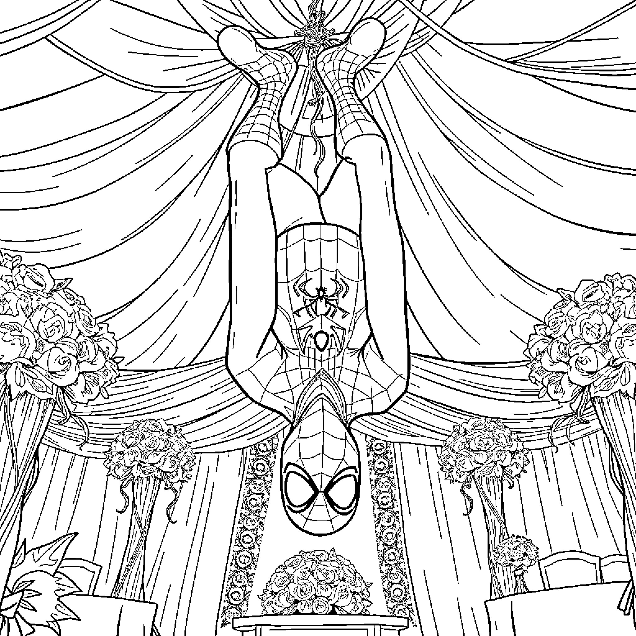 Spiderman in heroic pose with intricate decorations Coloring Page (free black-and-white line drawing printable PDF for all, from beginners to advanced learners, including children, teens, adults, and seniors)