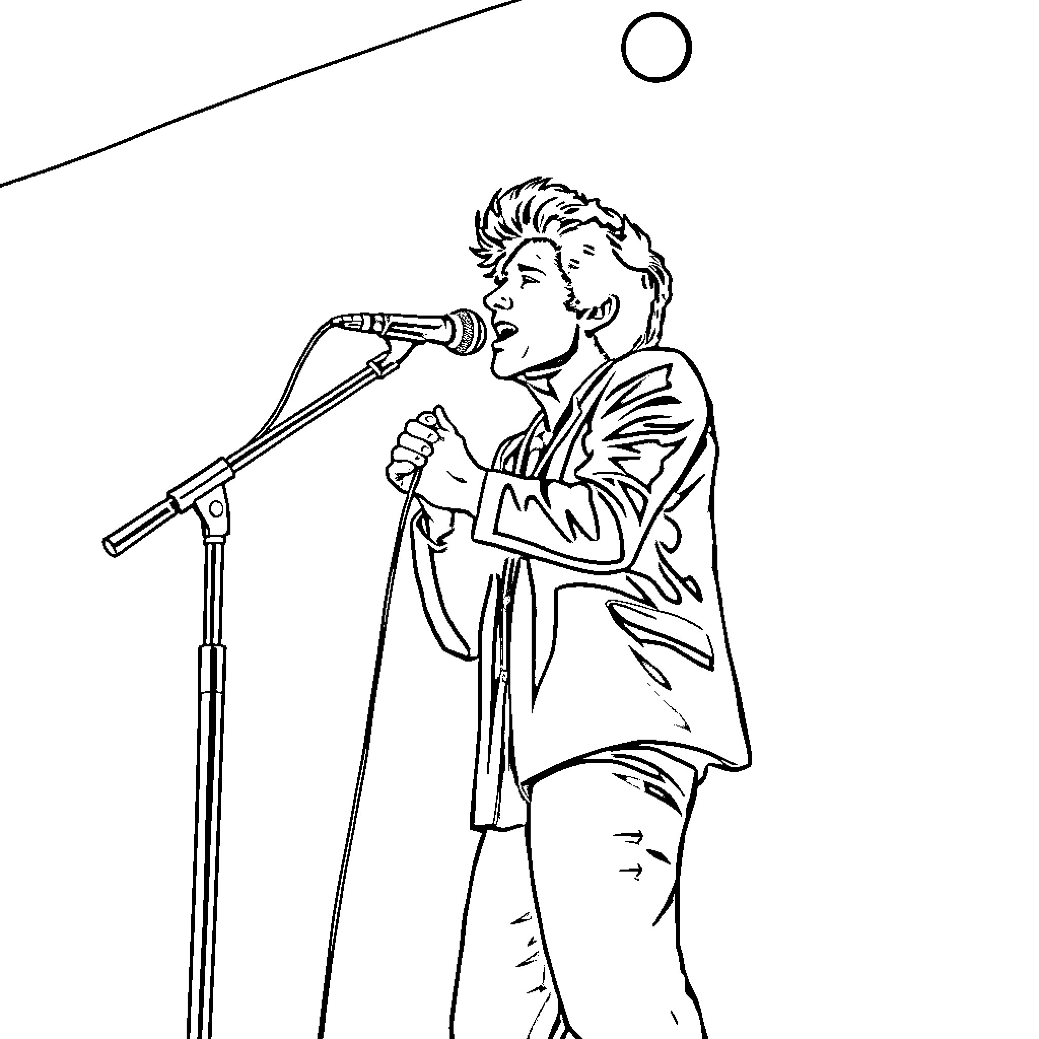 Karol G performing on stage with microphone Coloring Page (free black-and-white line drawing printable PDF for all, from beginners to advanced learners, including children, teens, adults, and seniors)