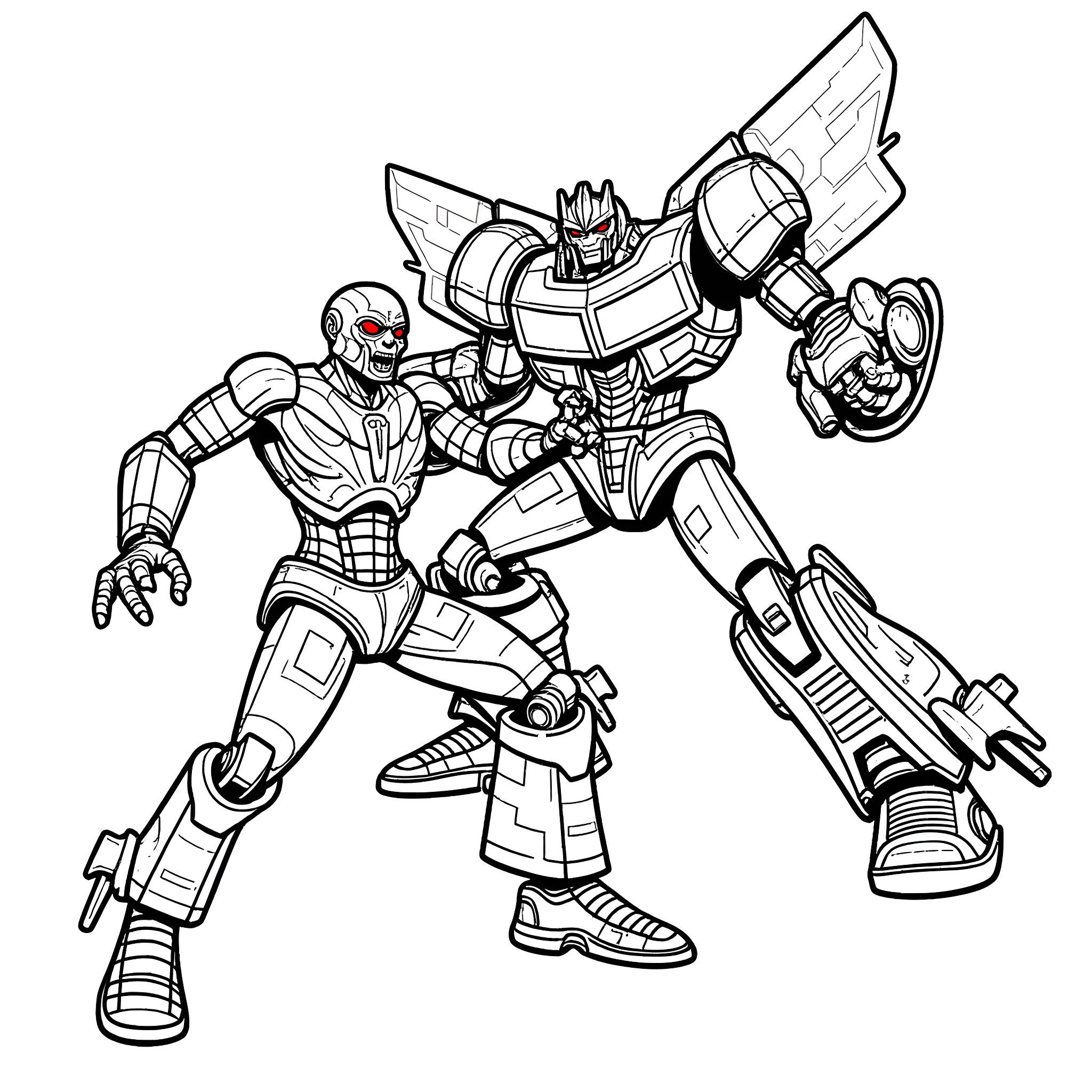 Zombie-like robot warrior in combat pose Coloring Page (free black-and-white line drawing printable PDF for all, from beginners to advanced learners, including children, teens, adults, and seniors)