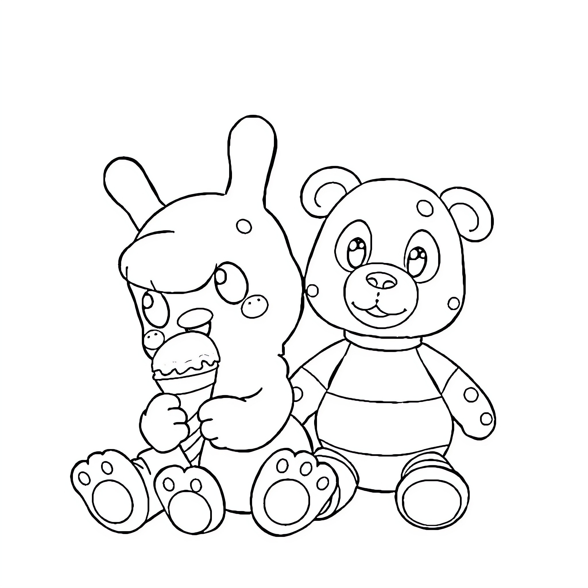 Labubu and Plush Animal Friends with Ice Cream Coloring Page (free black-and-white line drawing printable PDF for all, from beginners to advanced learners, including children, teens, adults, and seniors)