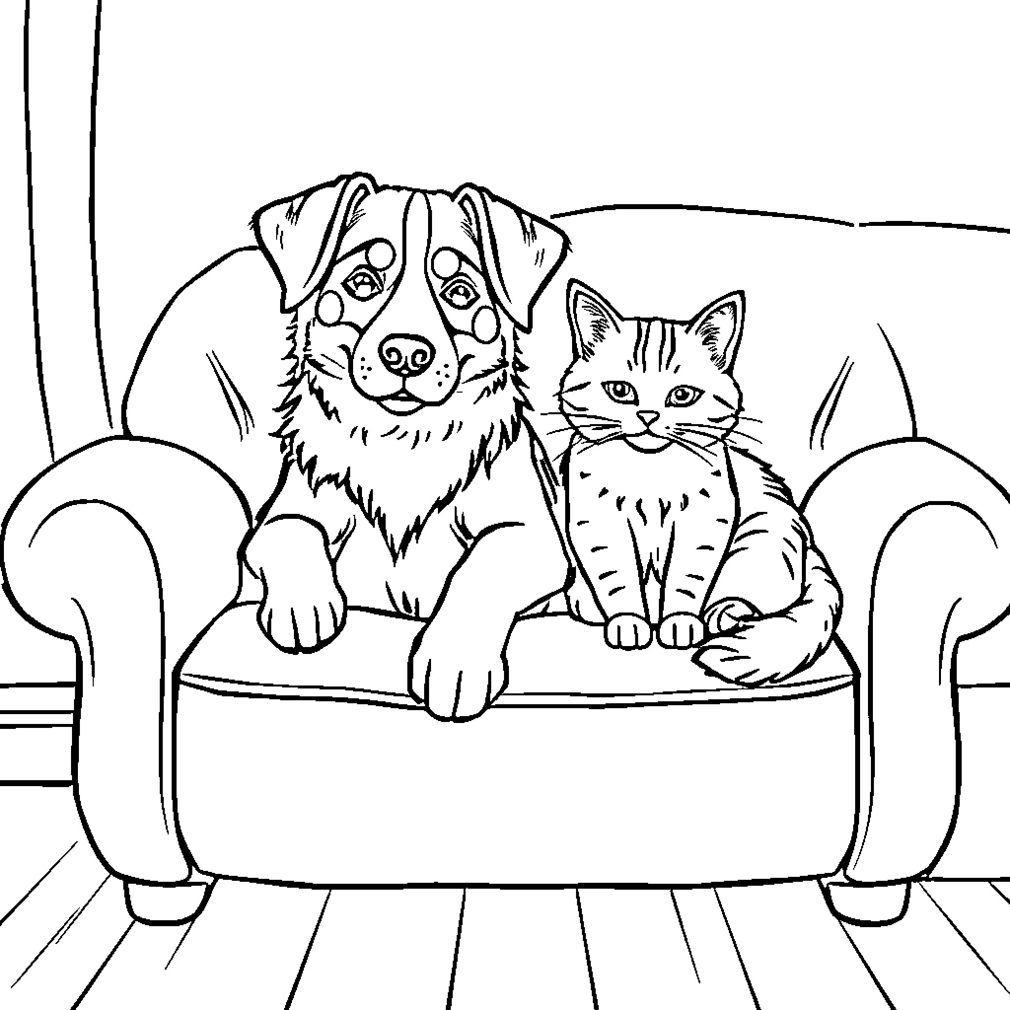 Dog and cat sitting together on couch Coloring Page (free black-and-white line drawing printable PDF for all, from beginners to advanced learners, including children, teens, adults, and seniors)