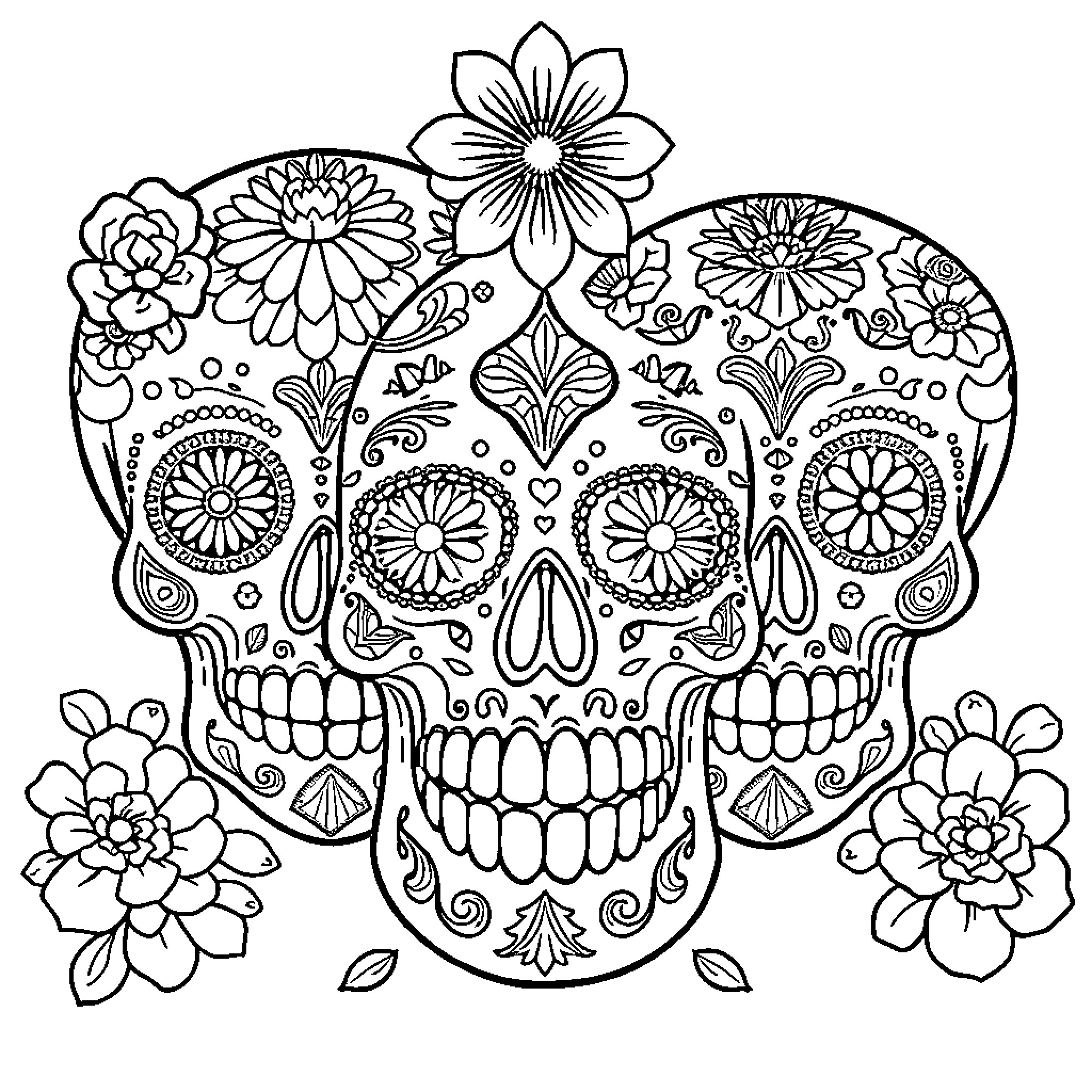 Sugar Skull with Ornate Floral Designs Coloring Page (free black-and-white line drawing printable PDF for all, from beginners to advanced learners, including children, teens, adults, and seniors)