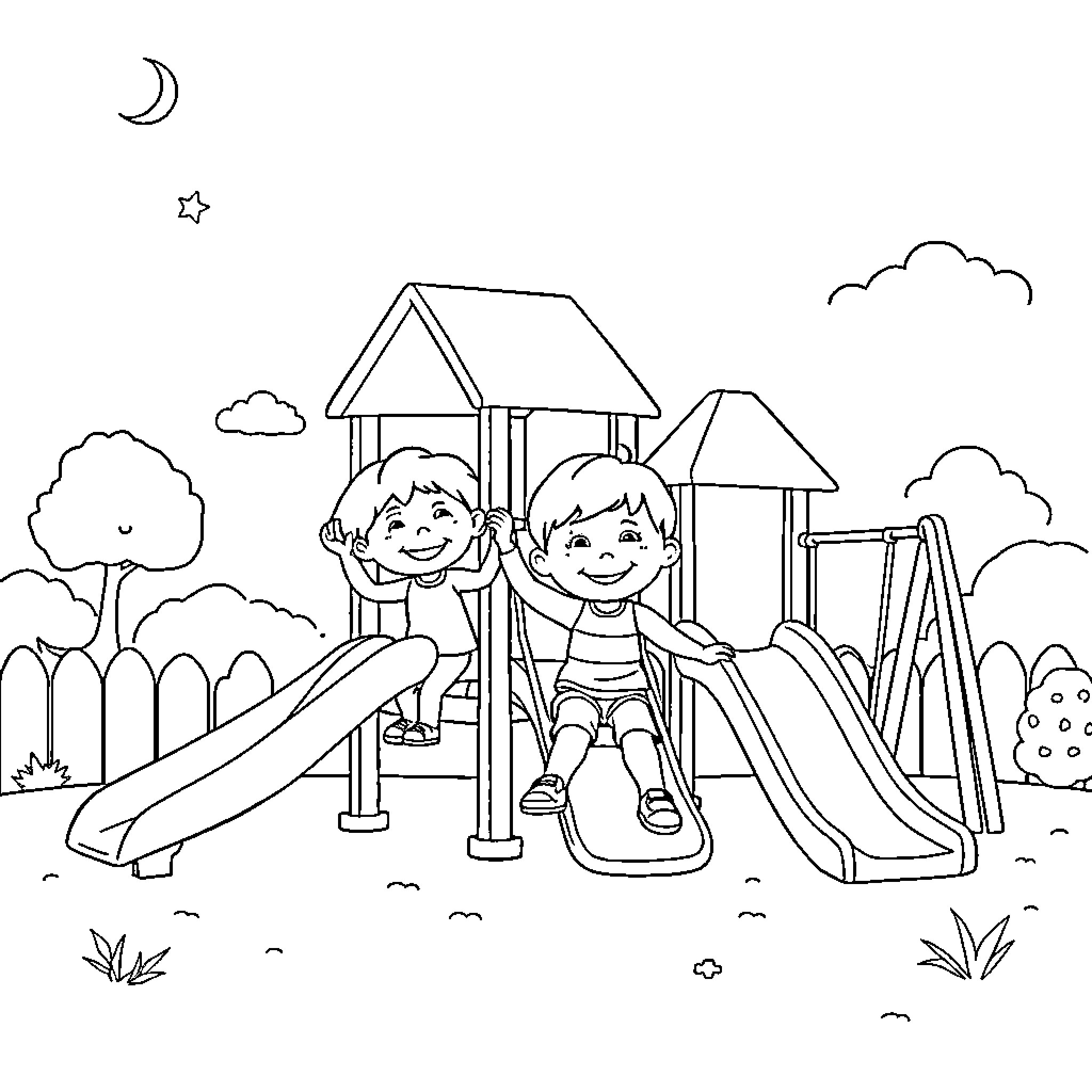 Kids enjoying playground equipment at night Coloring Page (free black-and-white line drawing printable PDF for all, from beginners to advanced learners, including children, teens, adults, and seniors)