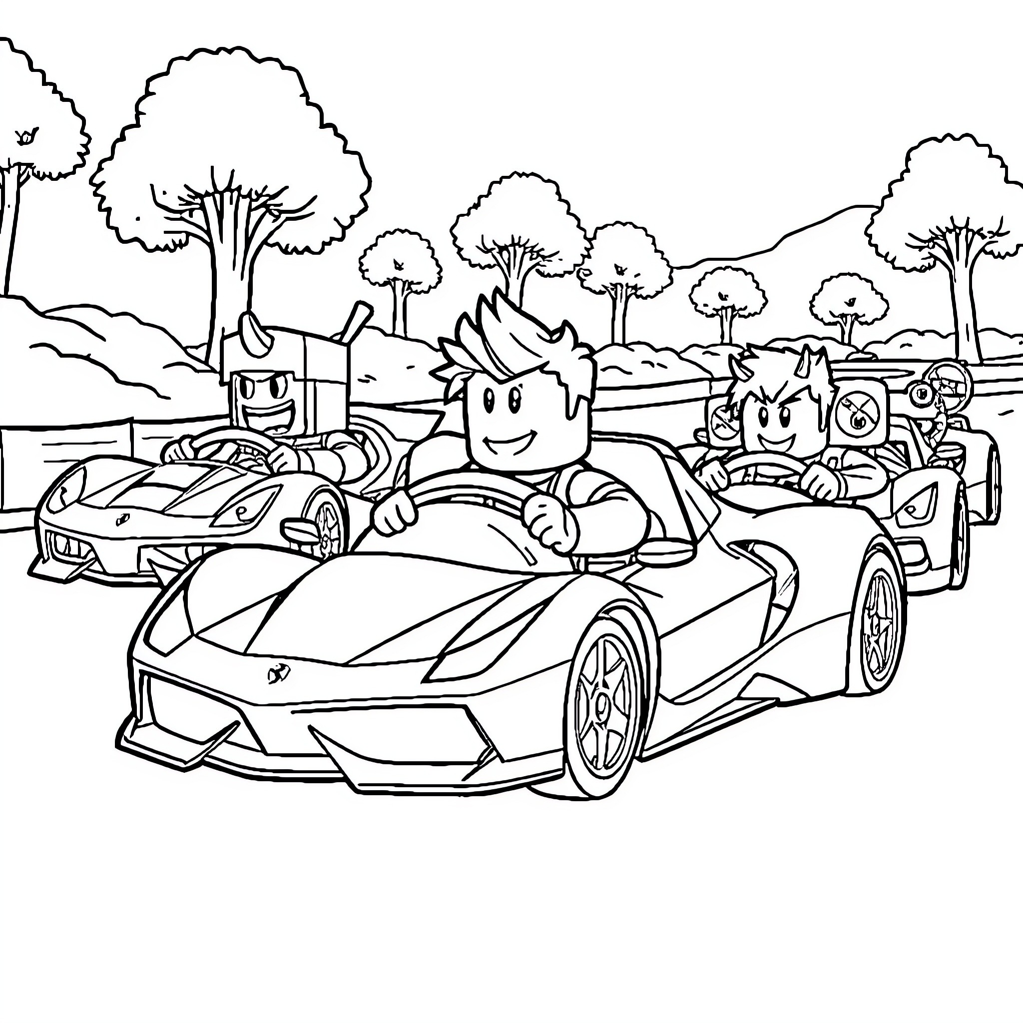 Car enthusiasts enjoying a scenic drive through the countryside Coloring Page (free black-and-white line drawing printable PDF for all, from beginners to advanced learners, including children, teens, adults, and seniors)