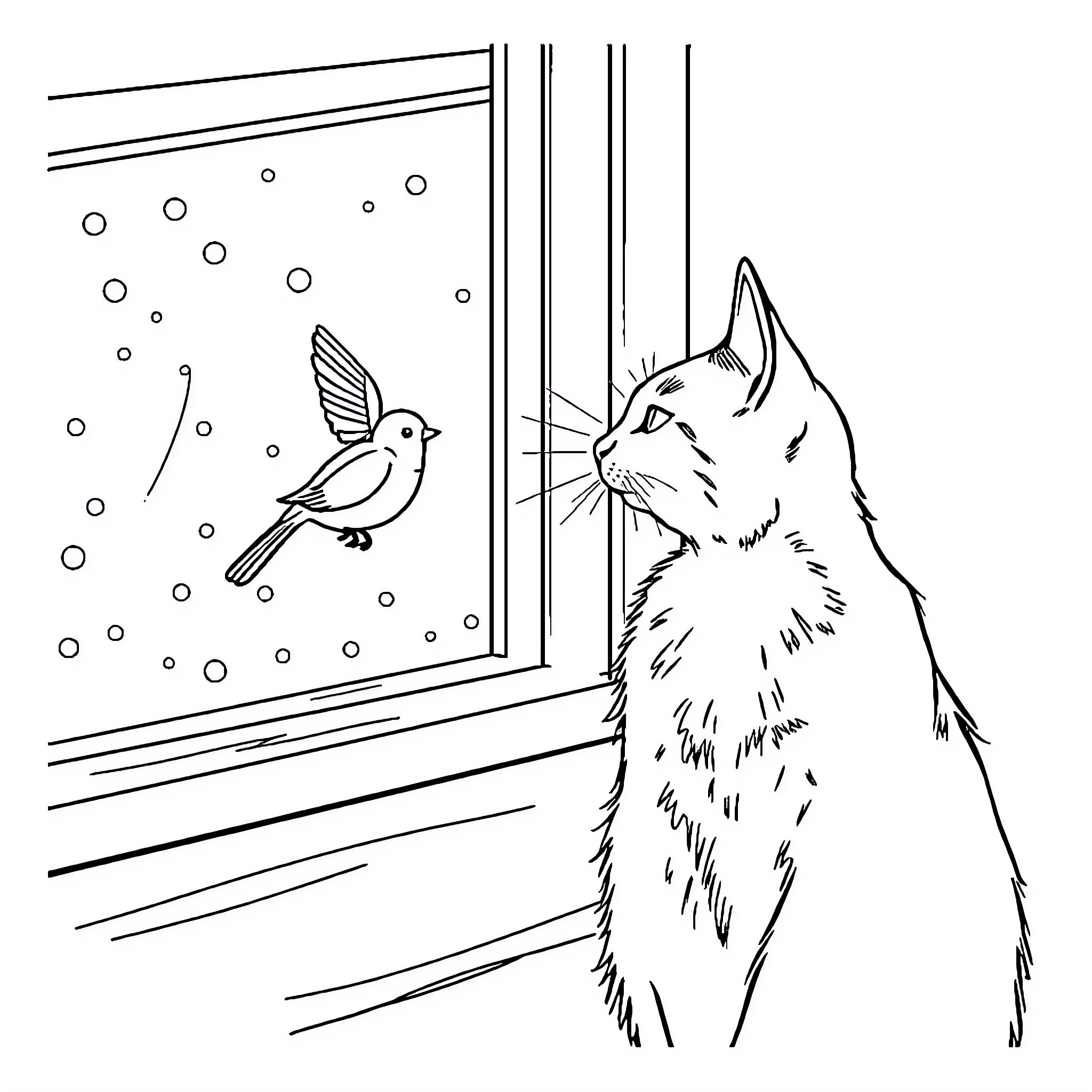 Gato observing bird at window Coloring Page (free black-and-white line drawing printable PDF for all, from beginners to advanced learners, including children, teens, adults, and seniors)