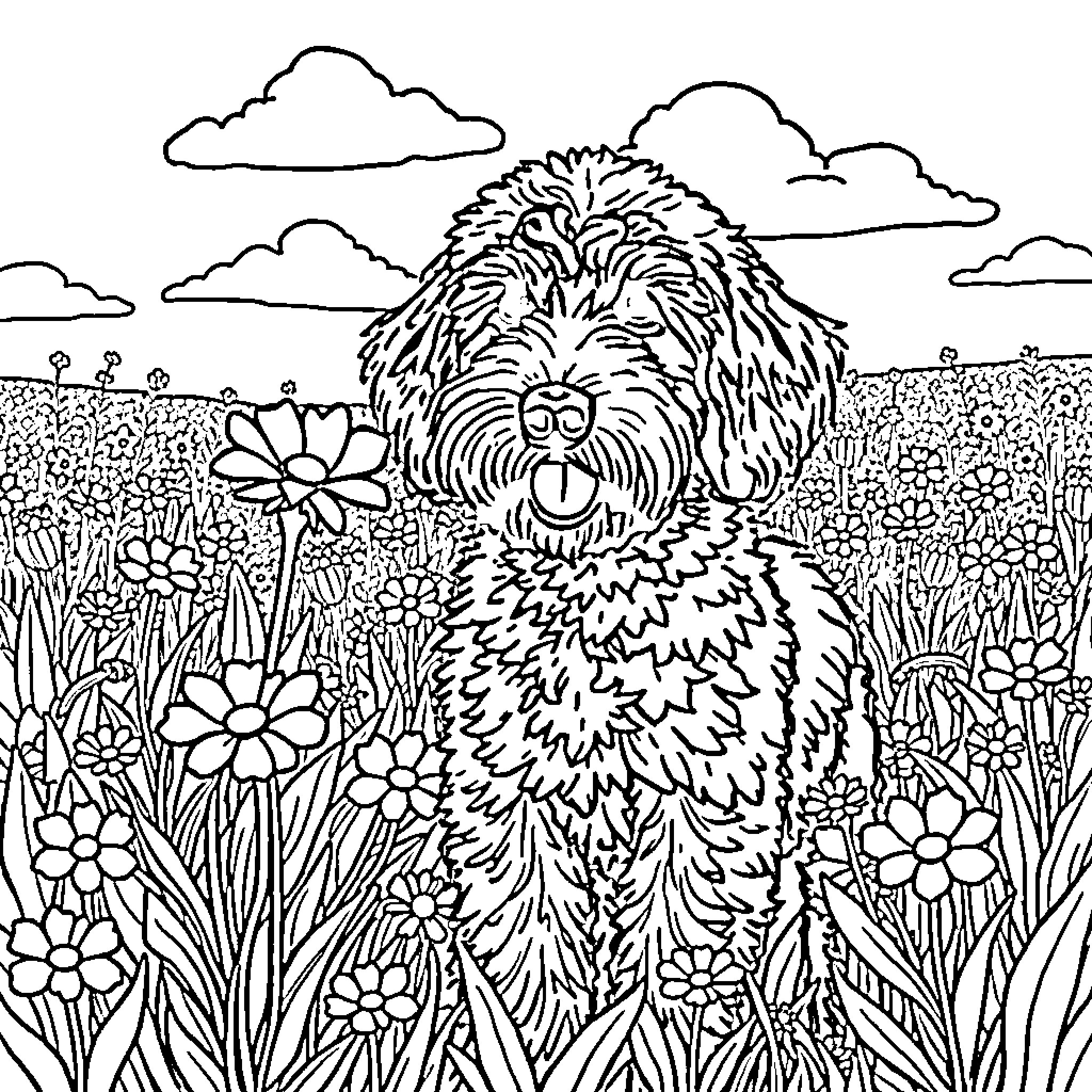 Labradoodle enjoying a flower-filled meadow Coloring Page (free black-and-white line drawing printable PDF for all, from beginners to advanced learners, including children, teens, adults, and seniors)