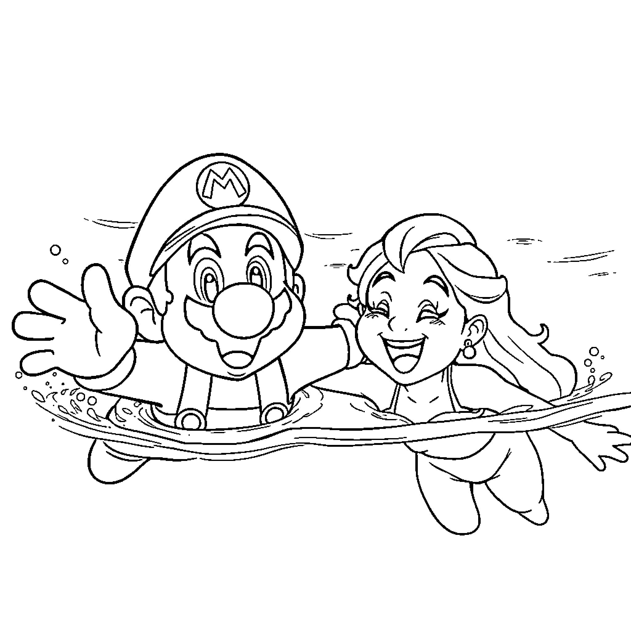Mario and his friend enjoying a fun adventure Coloring Page (free black-and-white line drawing printable PDF for all, from beginners to advanced learners, including children, teens, adults, and seniors)