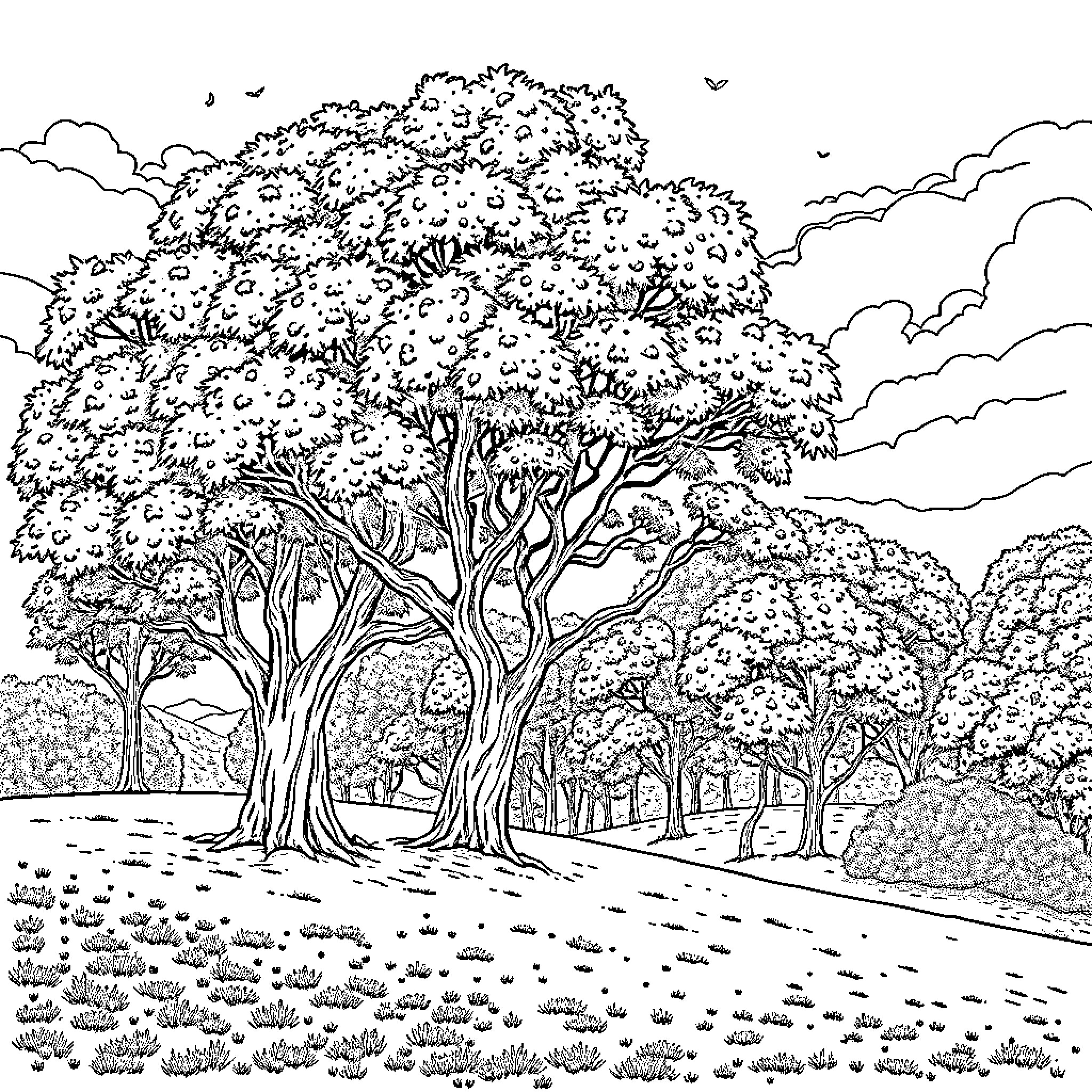 Tree-lined park scene with nature and wildlife Coloring Page (free black-and-white line drawing printable PDF for all, from beginners to advanced learners, including children, teens, adults, and seniors)