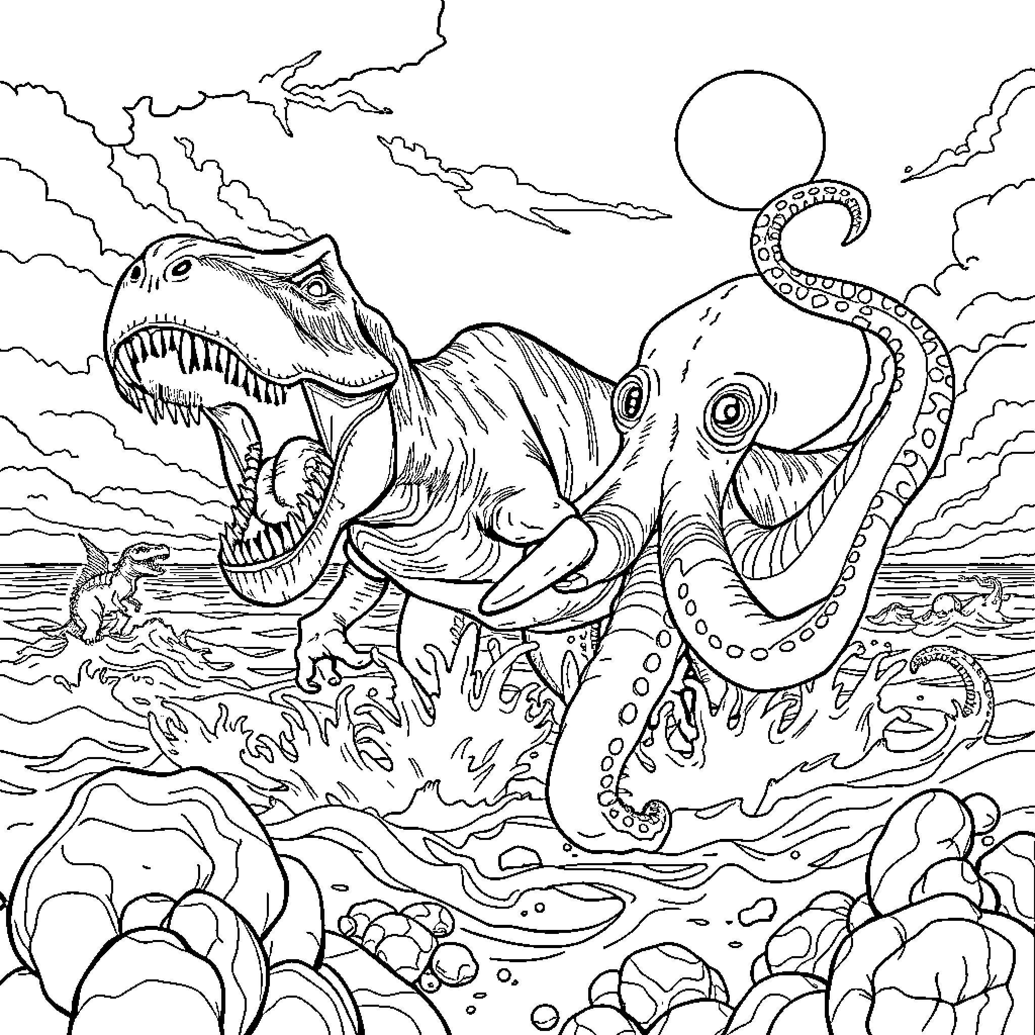 Tyrannosaurus battling a giant octopus in a prehistoric seascape Coloring Page (free black-and-white line drawing printable PDF for all, from beginners to advanced learners, including children, teens, adults, and seniors)