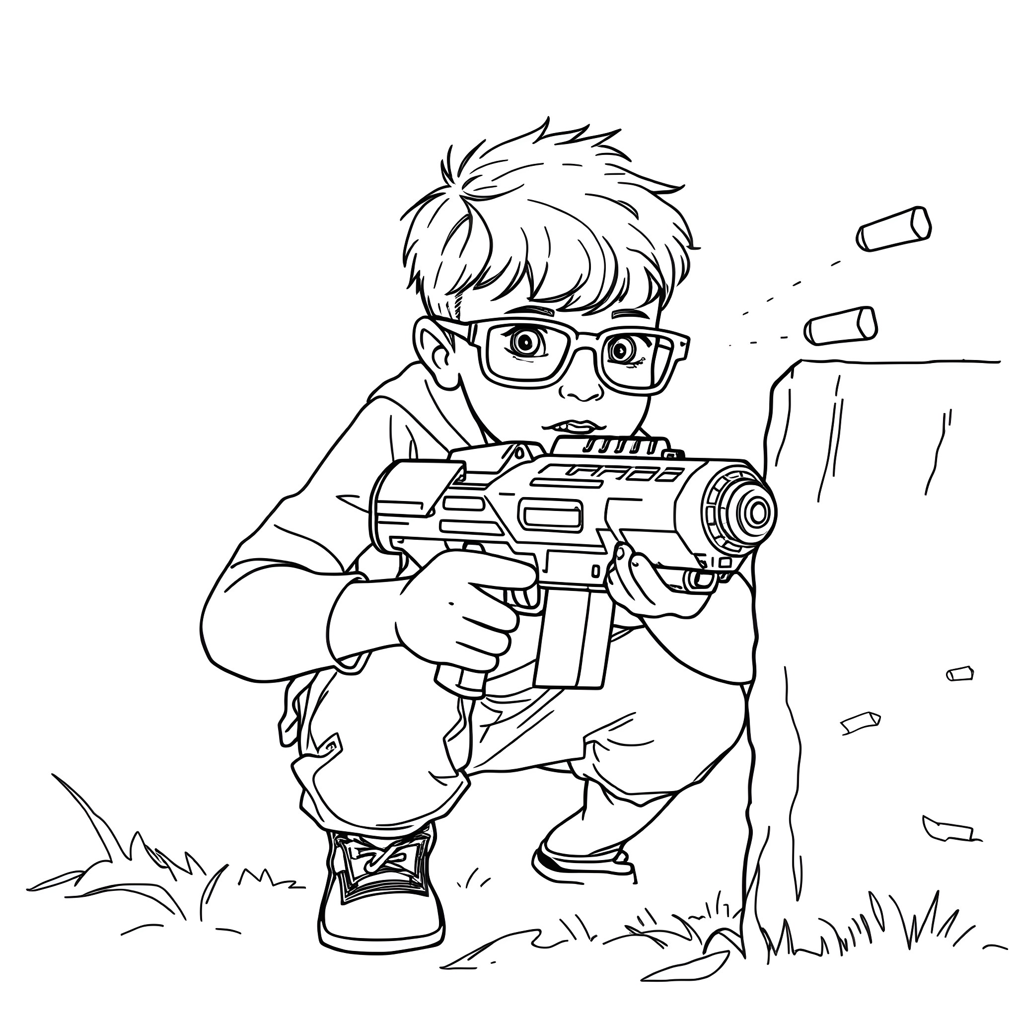 Boy playing with toy gun in the yard Coloring Page (free black-and-white line drawing printable PDF for all, from beginners to advanced learners, including children, teens, adults, and seniors)