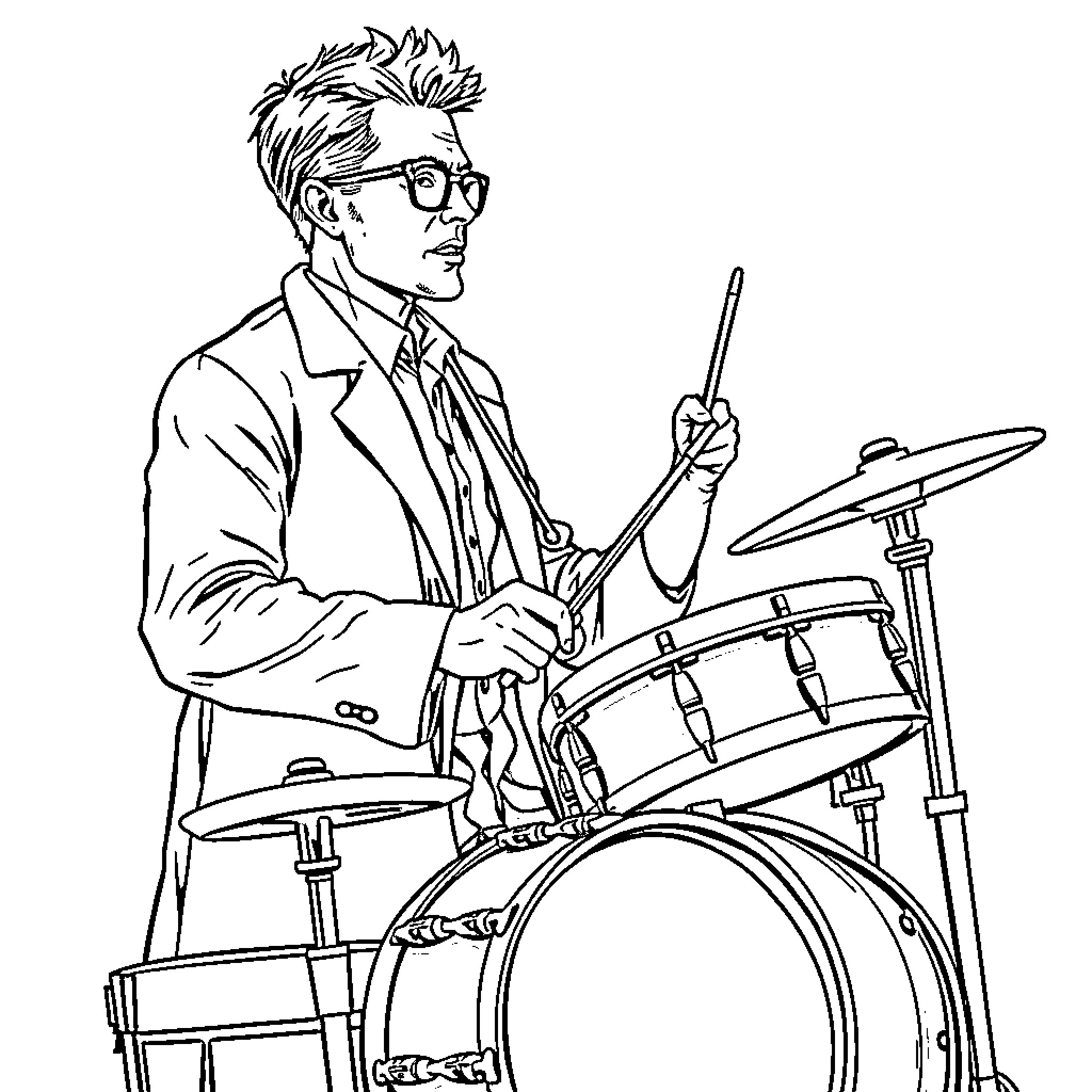 Doctor Playing Drums with Enthusiasm Coloring Page (free black-and-white line drawing printable PDF for all, from beginners to advanced learners, including children, teens, adults, and seniors)
