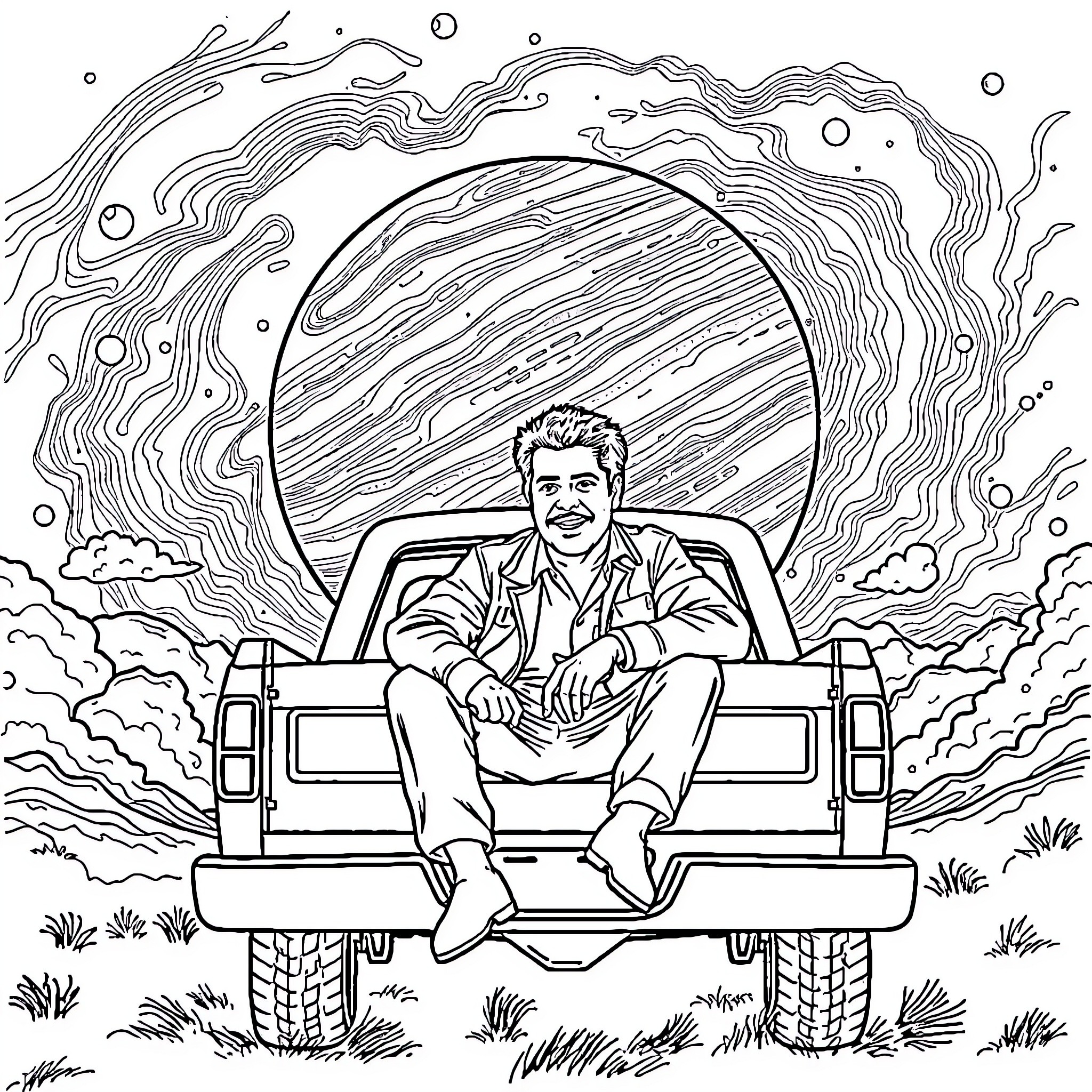 Neil DeGrasse Tyson contemplating the cosmos in his off-road vehicle Coloring Page (free black-and-white line drawing printable PDF for all, from beginners to advanced learners, including children, teens, adults, and seniors)