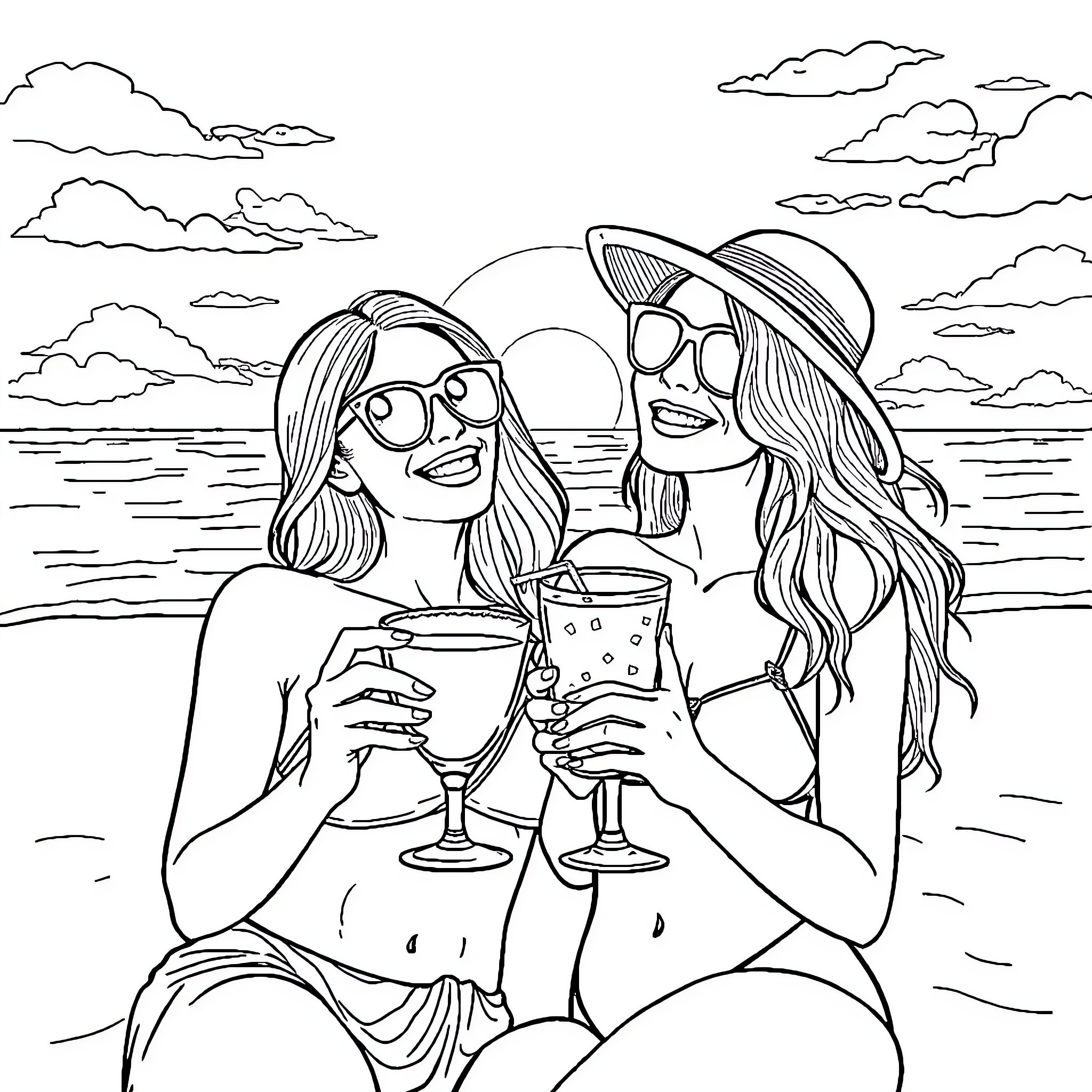 Amie's Beachside Celebration Coloring Page (free black-and-white line drawing printable PDF for all, from beginners to advanced learners, including children, teens, adults, and seniors)