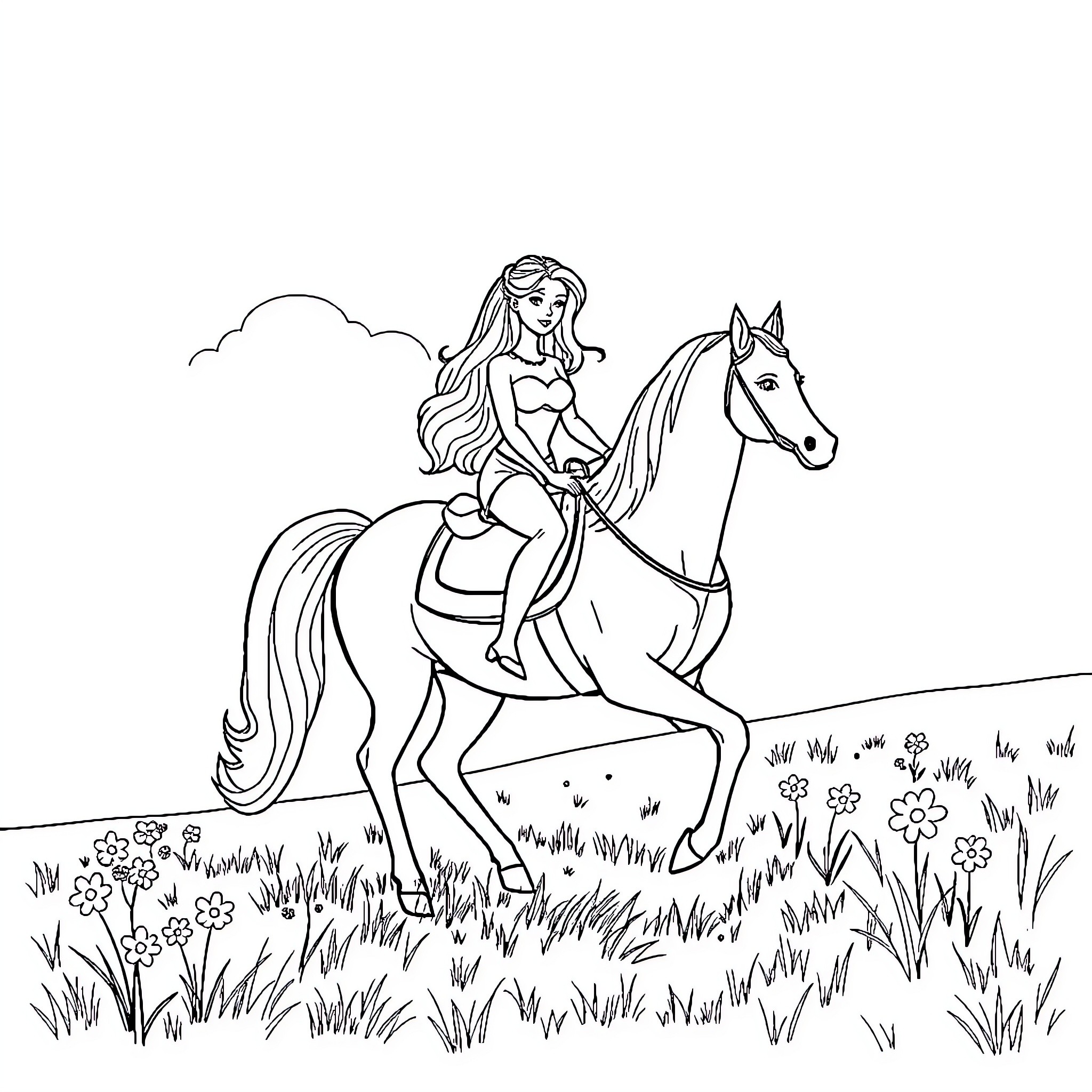 Barbie riding horse through meadow Coloring Page (free black-and-white line drawing printable PDF for all, from beginners to advanced learners, including children, teens, adults, and seniors)