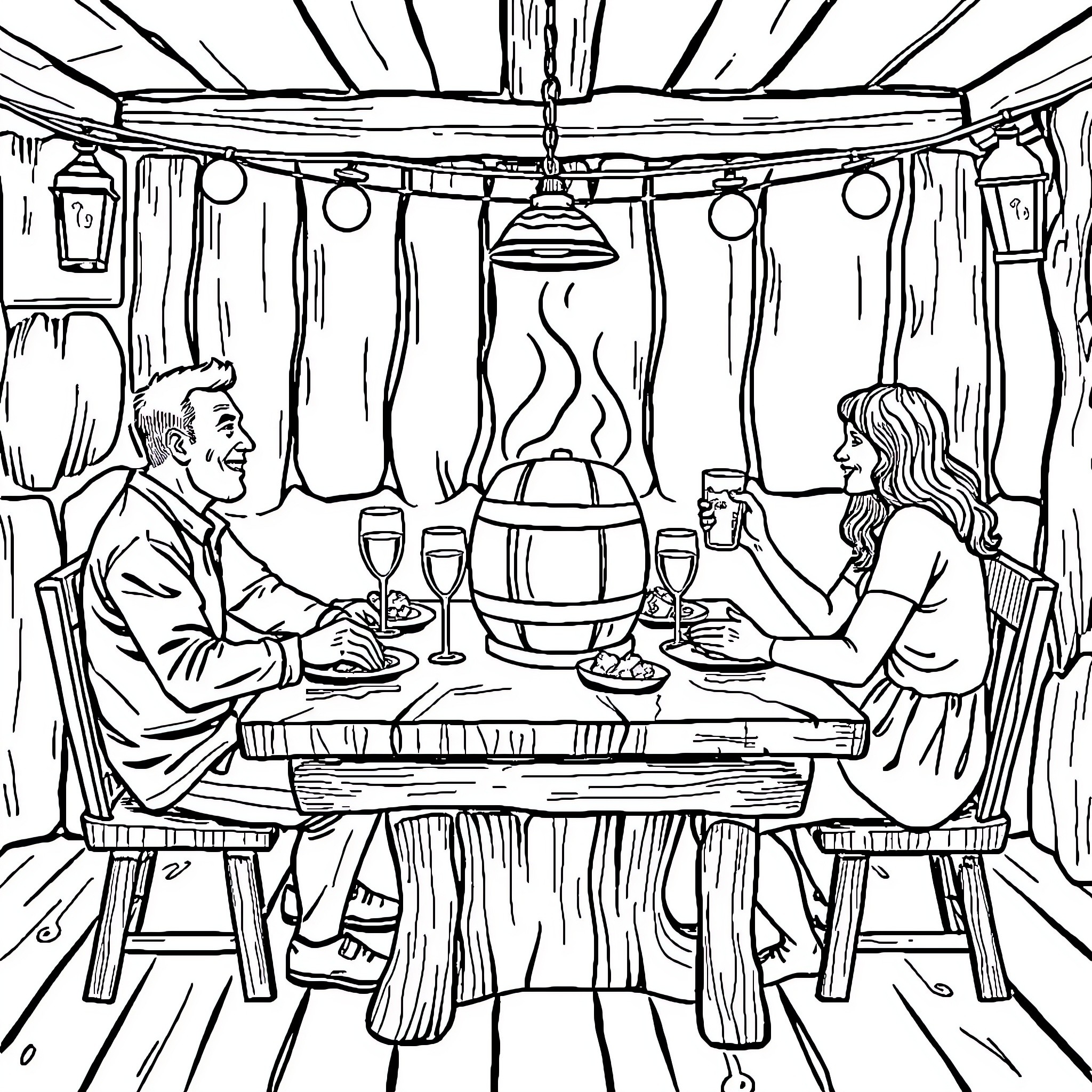 Person dining with companion in cozy cabin setting Coloring Page (free black-and-white line drawing printable PDF for all, from beginners to advanced learners, including children, teens, adults, and seniors)