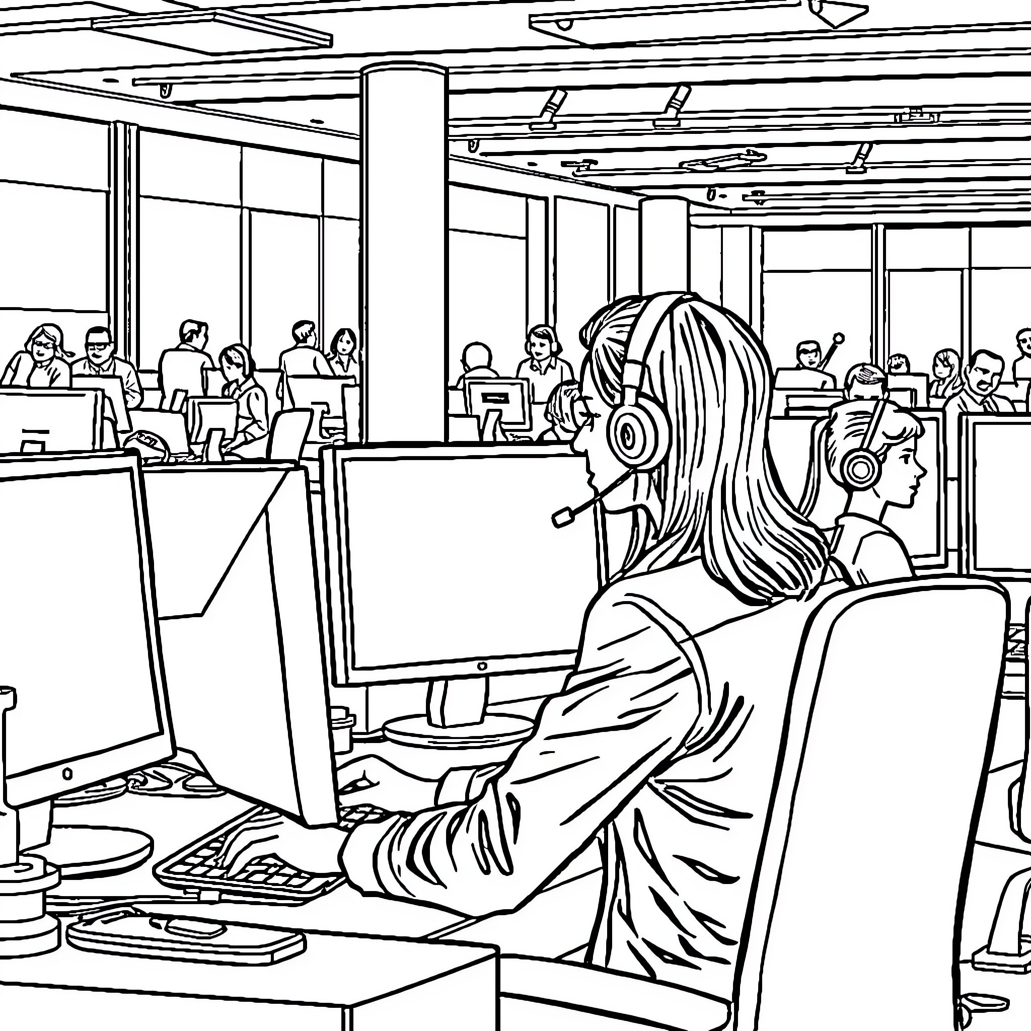 Call Center Representative Assisting Customers with Professionalism Coloring Page (free black-and-white line drawing printable PDF for all, from beginners to advanced learners, including children, teens, adults, and seniors)