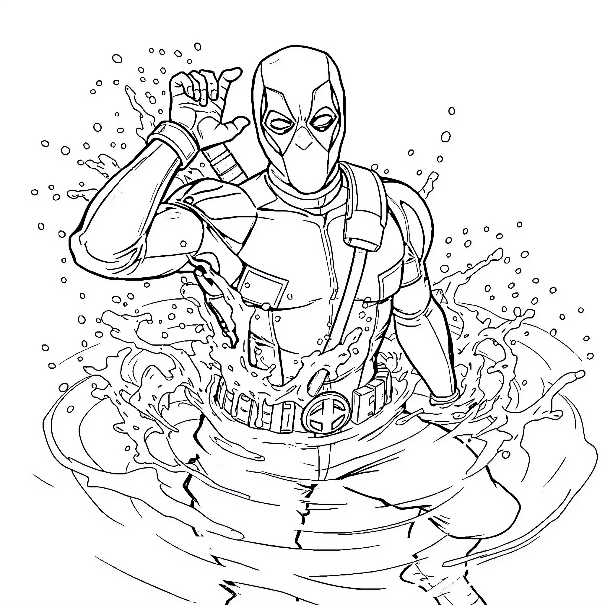 Deadpool posing dynamically with water splashes Coloring Page (free black-and-white line drawing printable PDF for all, from beginners to advanced learners, including children, teens, adults, and seniors)