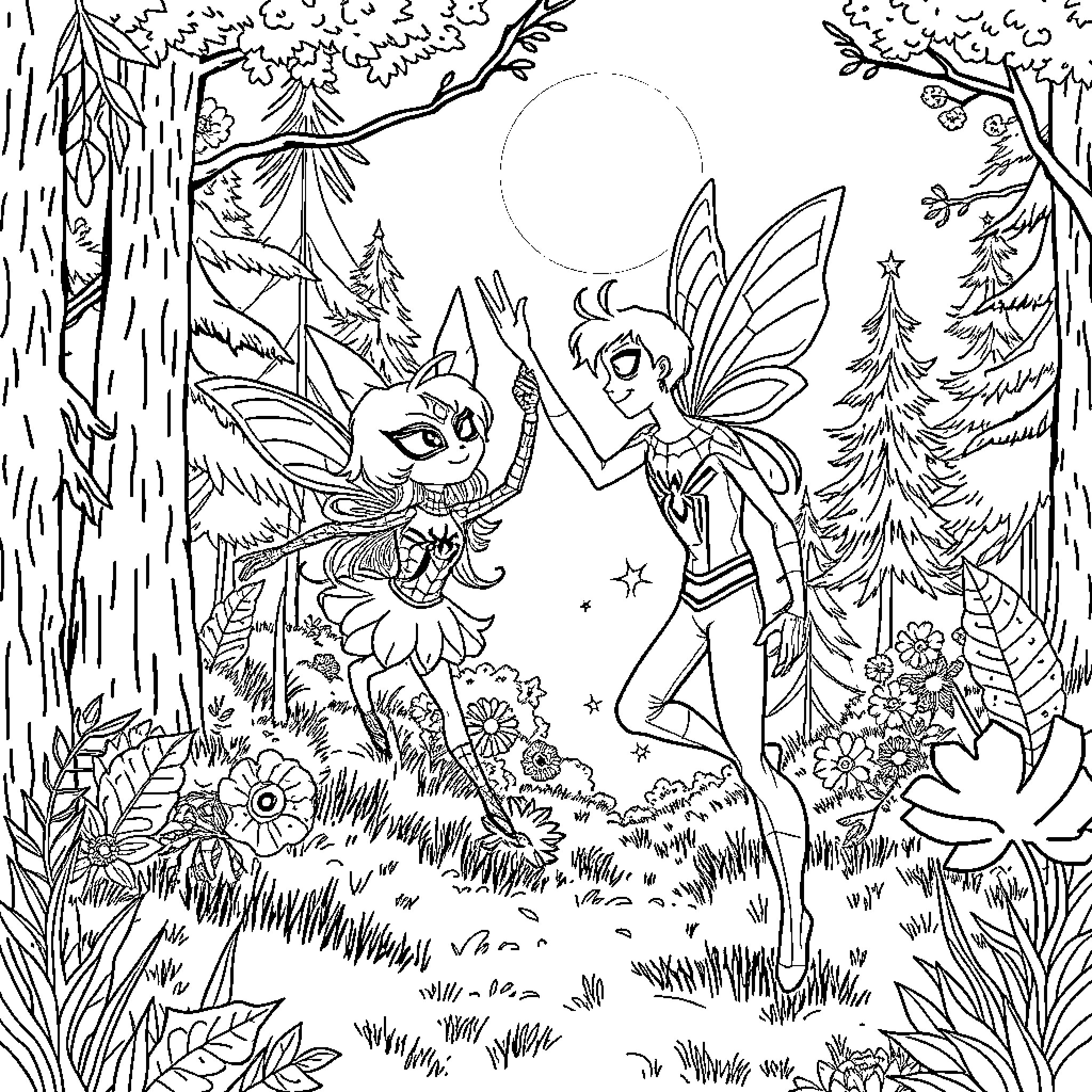 Fairy friends exploring the enchanted forest Coloring Page (free black-and-white line drawing printable PDF for all, from beginners to advanced learners, including children, teens, adults, and seniors)