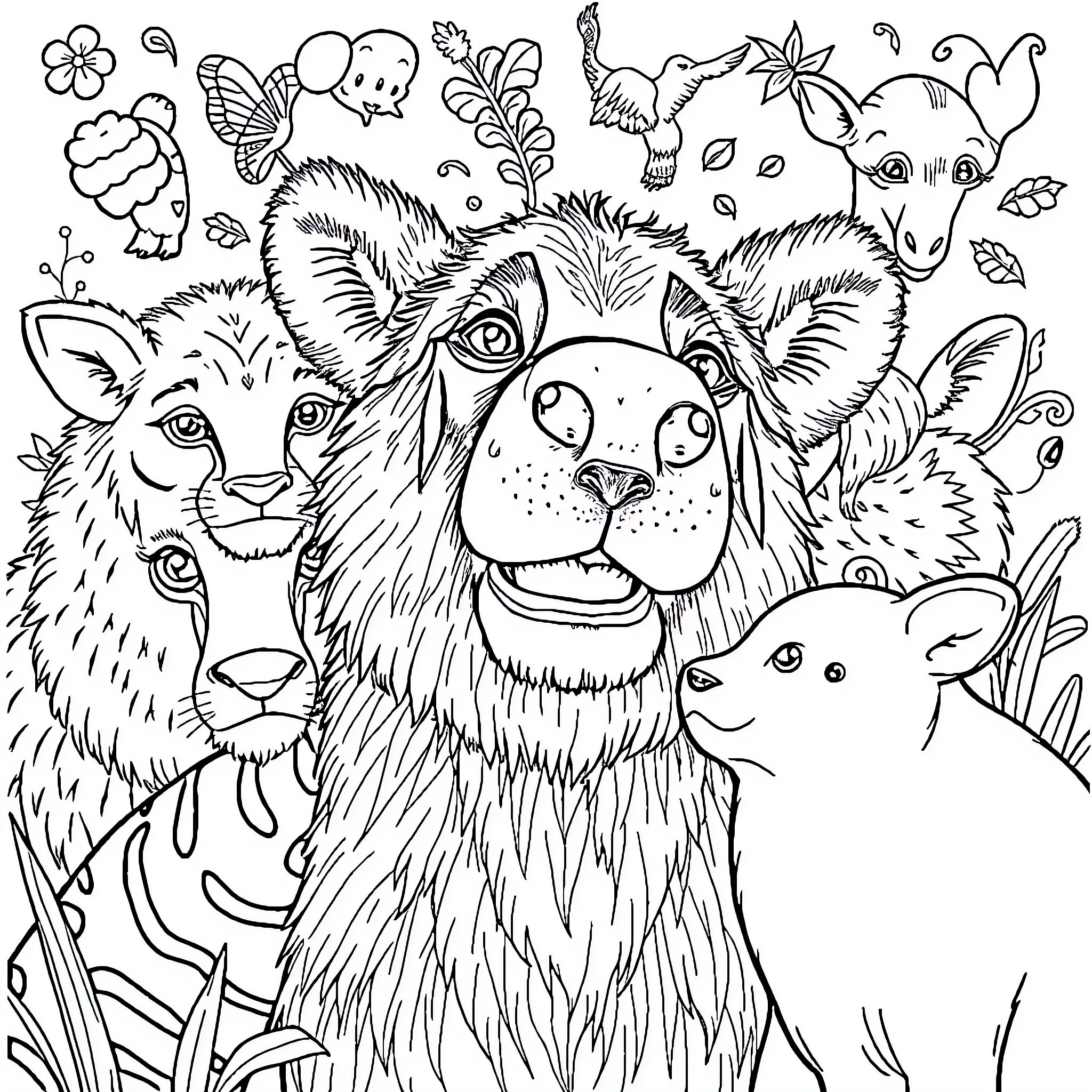 Animal friends in the wilderness Coloring Page (free black-and-white line drawing printable PDF for all, from beginners to advanced learners, including children, teens, adults, and seniors)