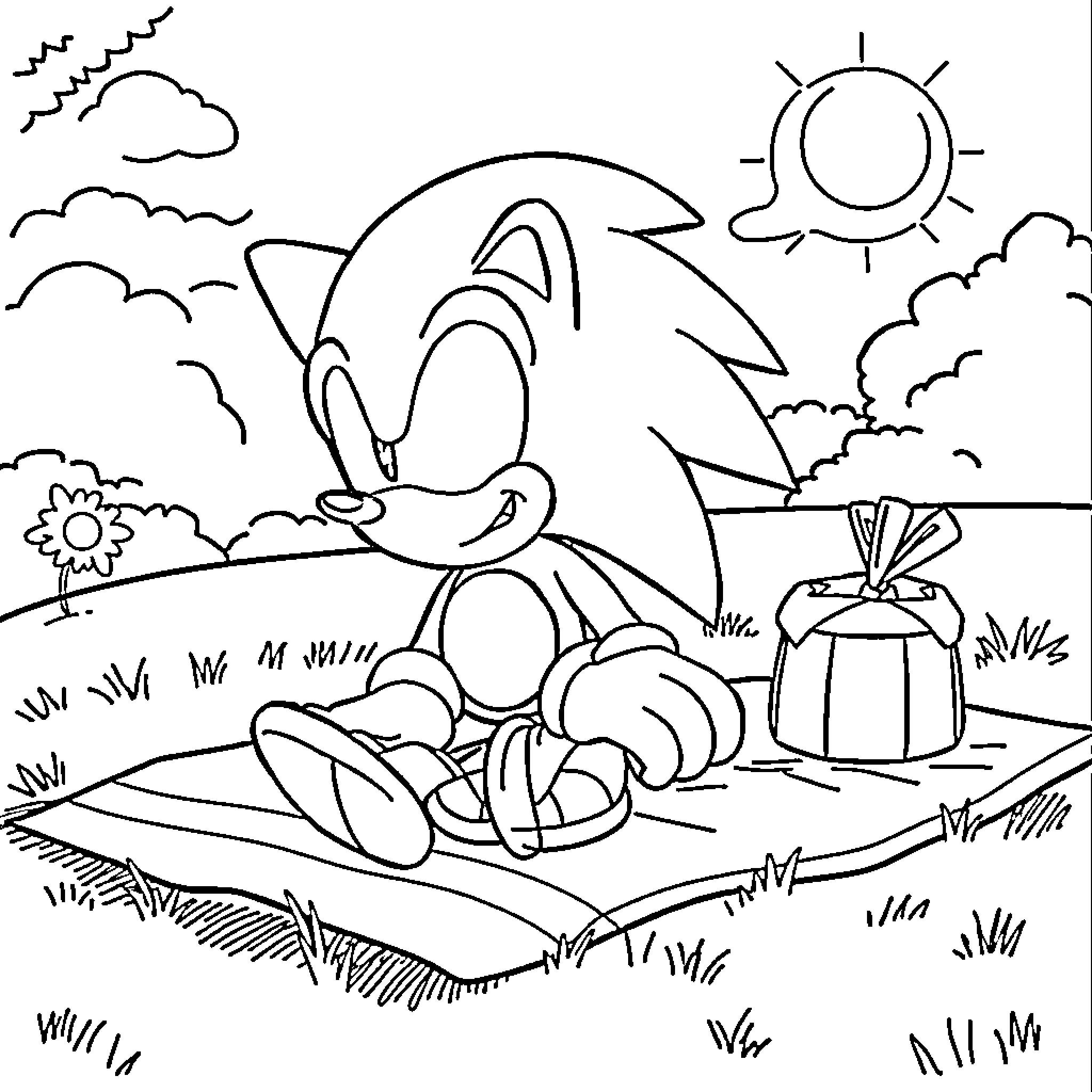 Sonic enjoying a sunny day in the park Coloring Page (free black-and-white line drawing printable PDF for all, from beginners to advanced learners, including children, teens, adults, and seniors)