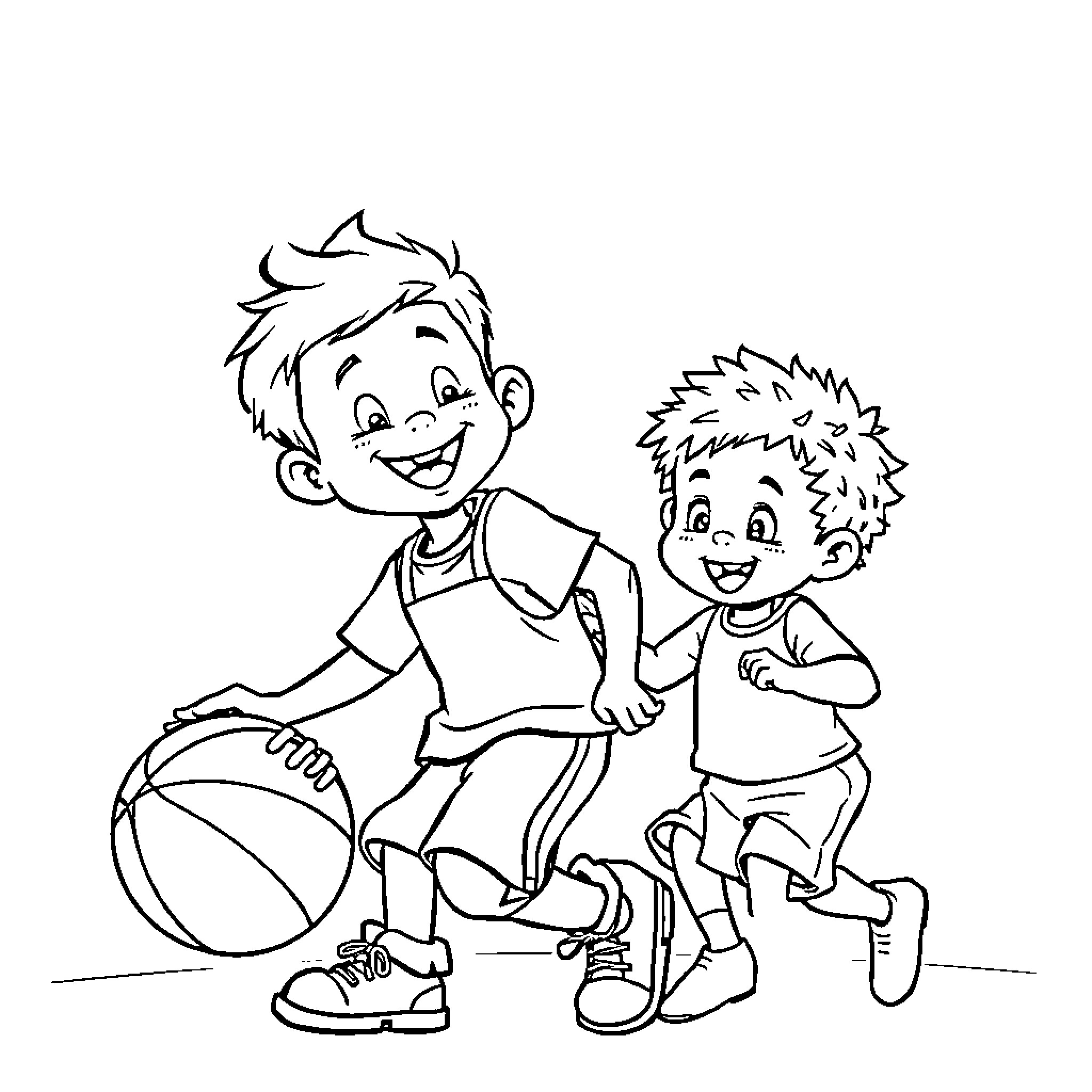 Boys playing basketball together happily Coloring Page (free black-and-white line drawing printable PDF for all, from beginners to advanced learners, including children, teens, adults, and seniors)