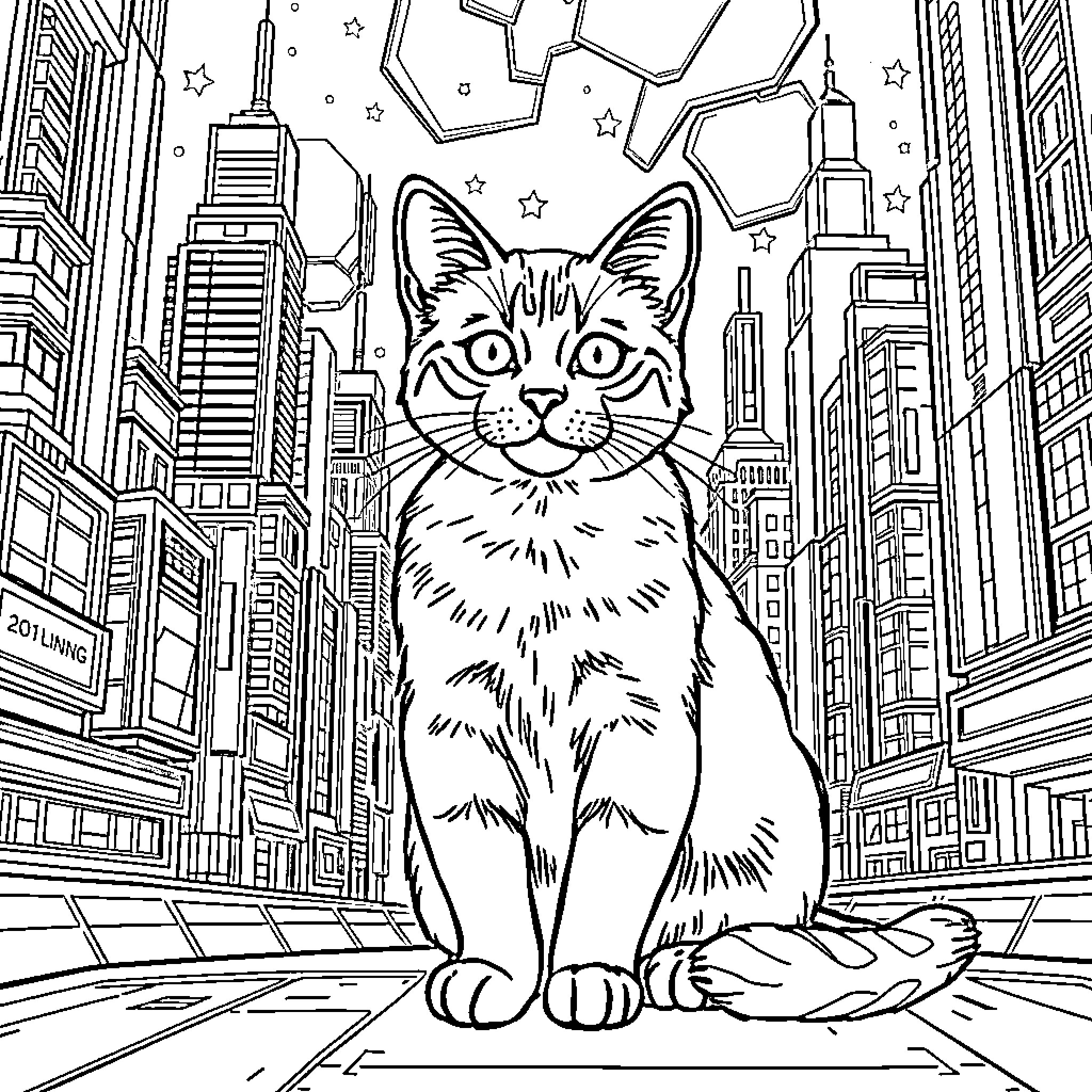 Cat exploring the city skyline Coloring Page (free black-and-white line drawing printable PDF for all, from beginners to advanced learners, including children, teens, adults, and seniors)
