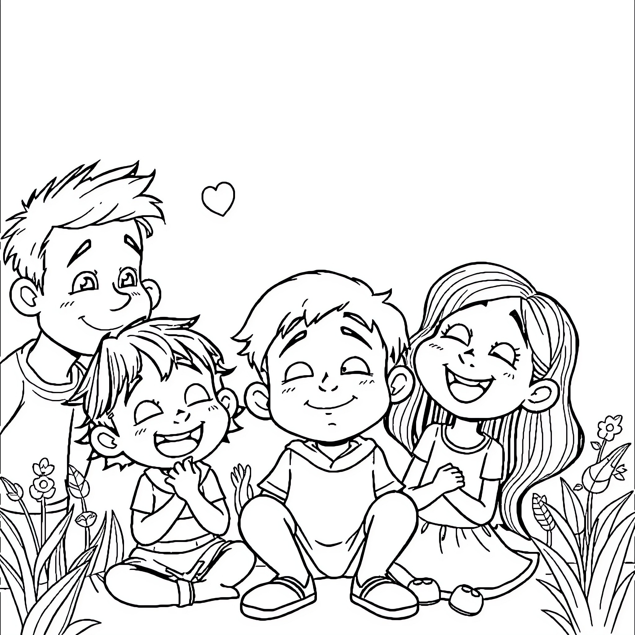 Character Playful Group Enjoying Outdoors Coloring Page (free black-and-white line drawing printable PDF for all, from beginners to advanced learners, including children, teens, adults, and seniors)