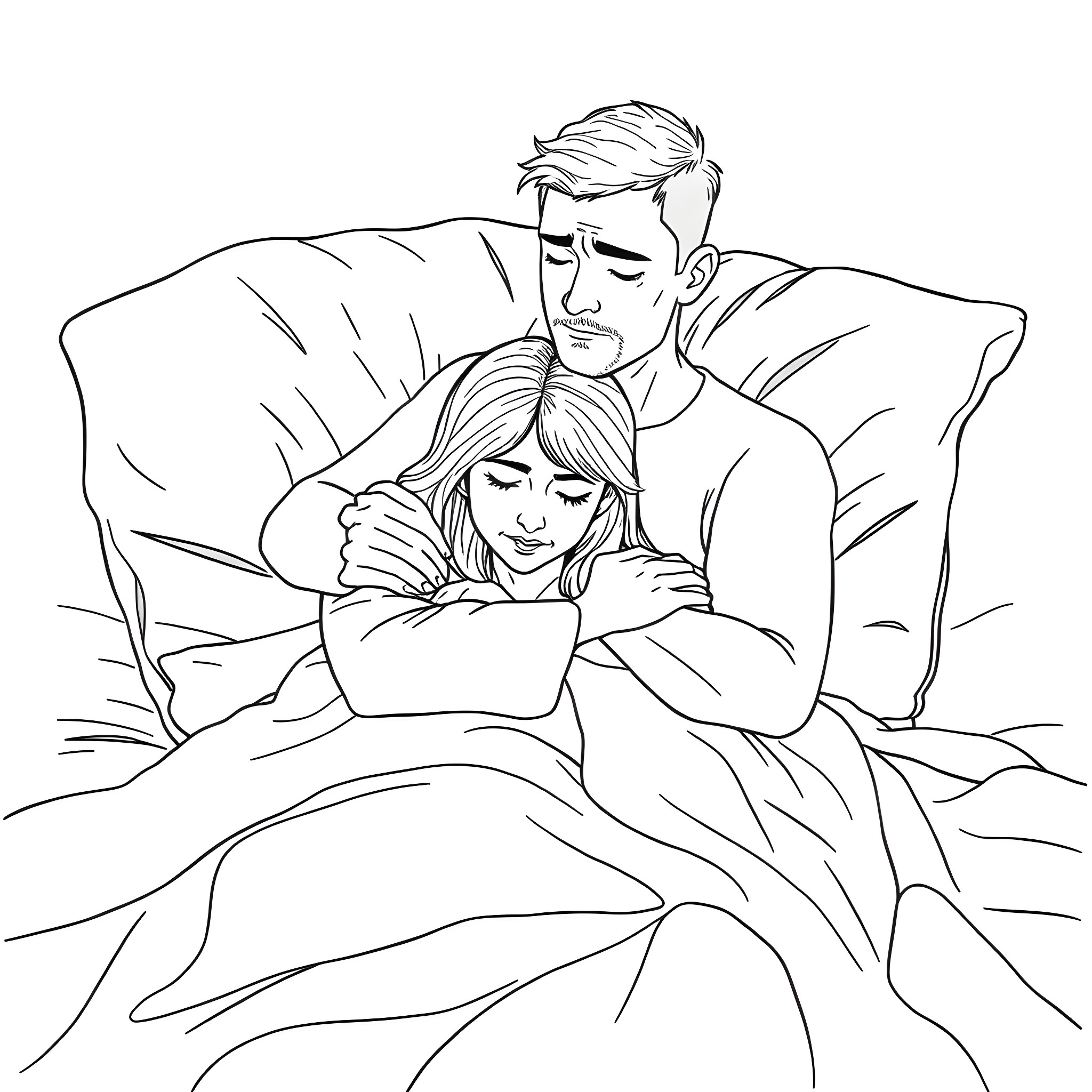 Man comforting woman in bed Coloring Page (free black-and-white line drawing printable PDF for all, from beginners to advanced learners, including children, teens, adults, and seniors)