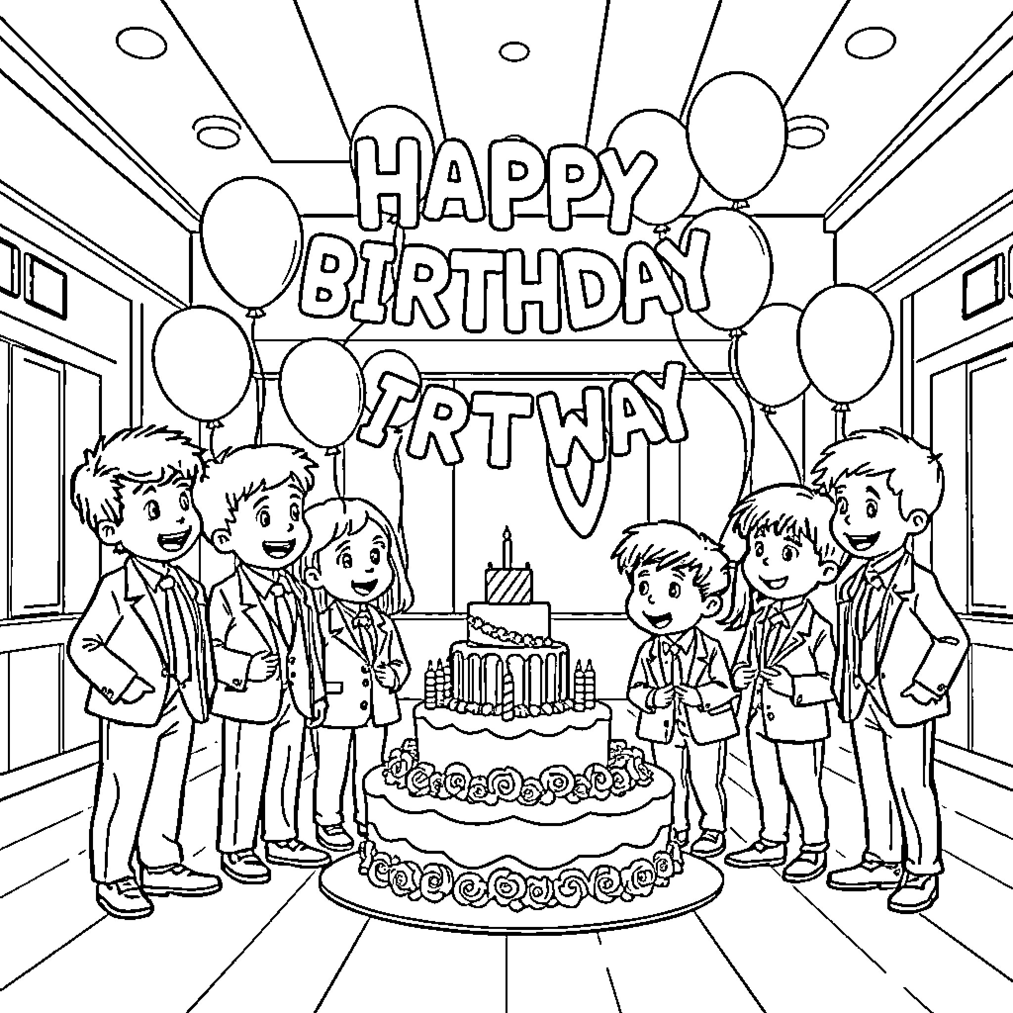 Kid's Happy Birthday Party at Home Coloring Page (free black-and-white line drawing printable PDF for all, from beginners to advanced learners, including children, teens, adults, and seniors)