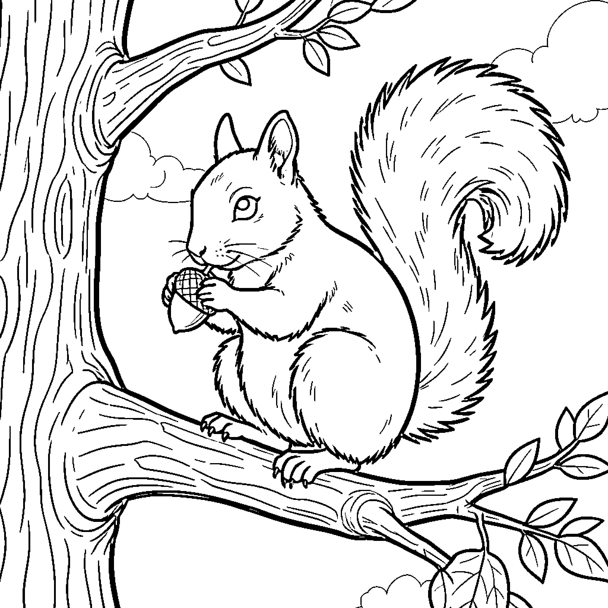 Squirrel sitting on a tree branch eating a nut Coloring Page (free black-and-white line drawing printable PDF for all, from beginners to advanced learners, including children, teens, adults, and seniors)