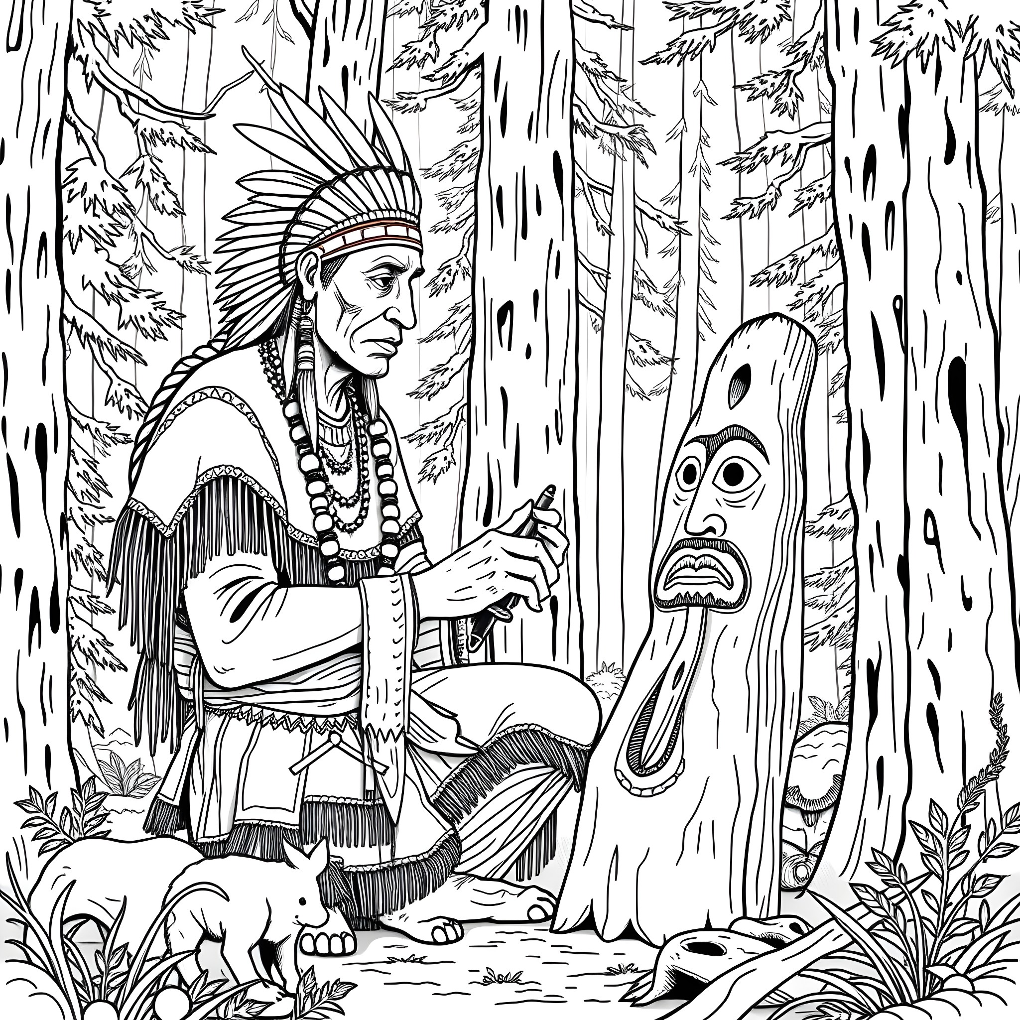 Uktena's Encounter with the Mysterious Forest Spirit Coloring Page (free black-and-white line drawing printable PDF for all, from beginners to advanced learners, including children, teens, adults, and seniors)