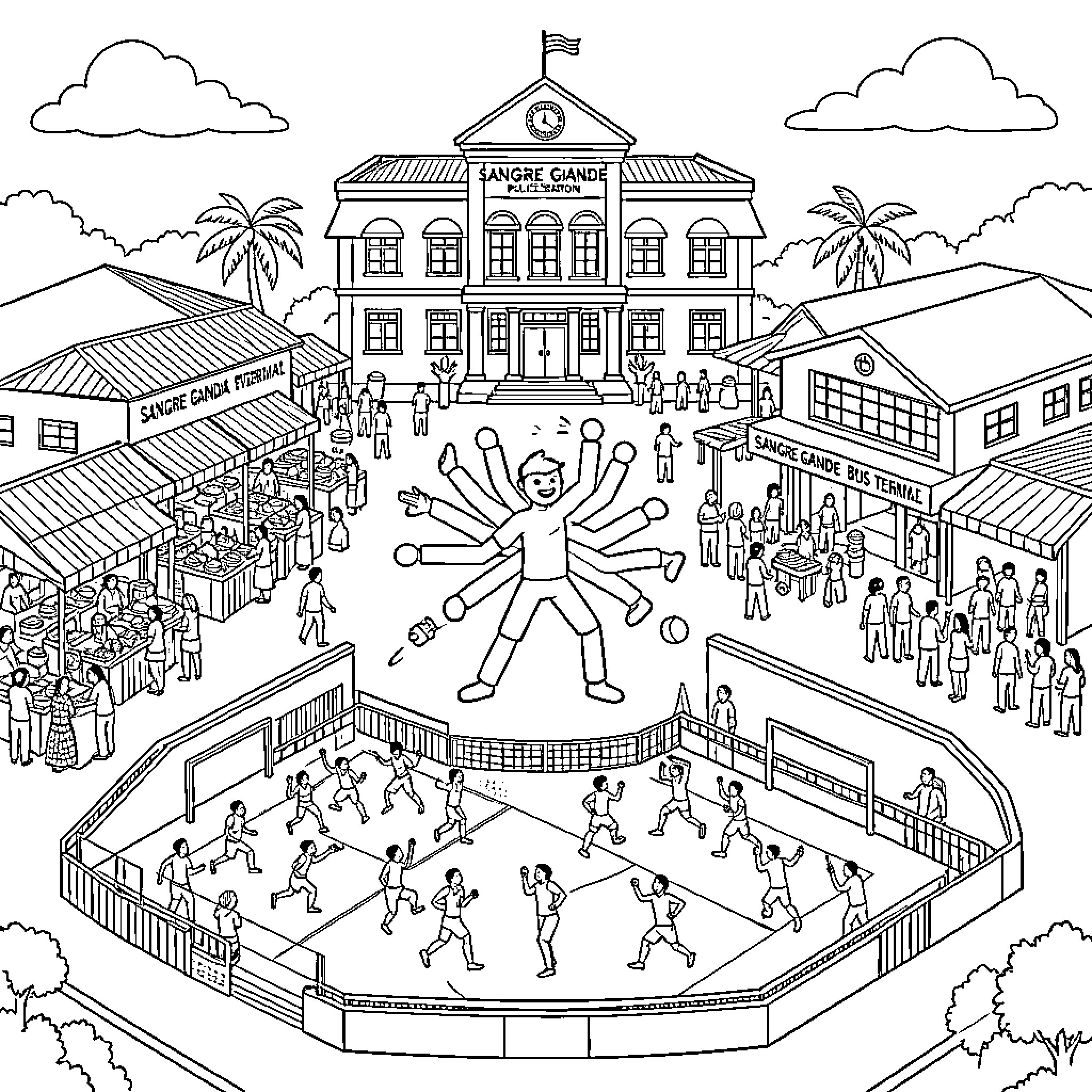 Town Celebrating a Community Event at the Local Park Coloring Page (free black-and-white line drawing printable PDF for all, from beginners to advanced learners, including children, teens, adults, and seniors)
