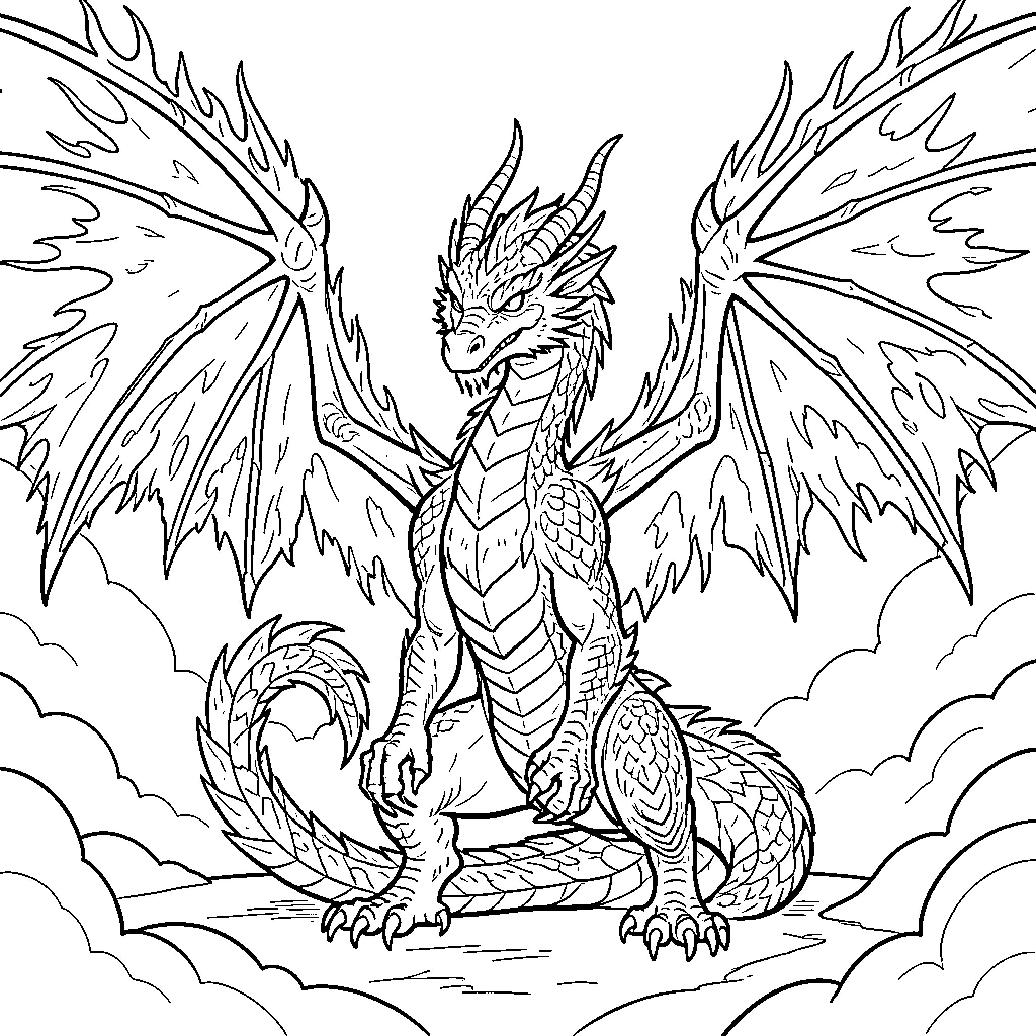 Dragon spreading majestic wings in the sky Coloring Page (free black-and-white line drawing printable PDF for all, from beginners to advanced learners, including children, teens, adults, and seniors)