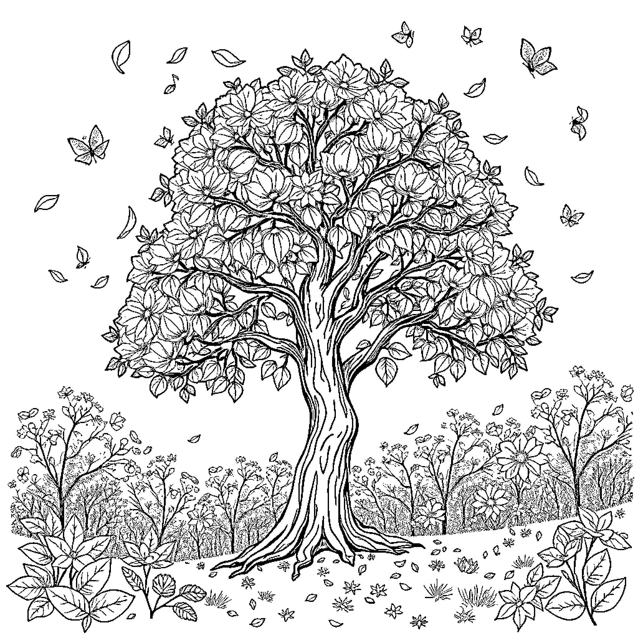 Autumn Blossoms and Butterflies in the Forest Coloring Page (free black-and-white line drawing printable PDF for all, from beginners to advanced learners, including children, teens, adults, and seniors)