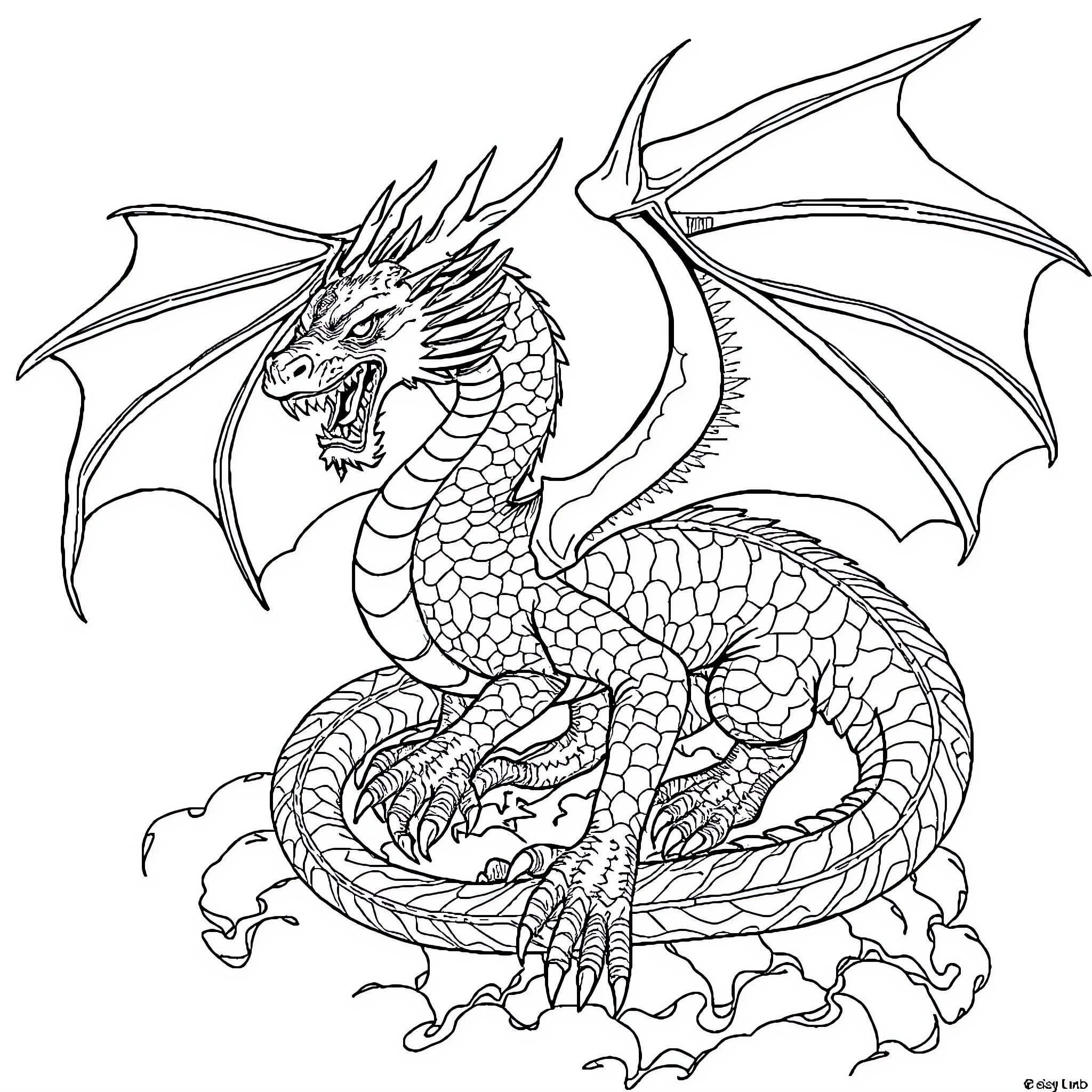 Dragon Breathing Flames and Spreading Wings Coloring Page (free black-and-white line drawing printable PDF for all, from beginners to advanced learners, including children, teens, adults, and seniors)