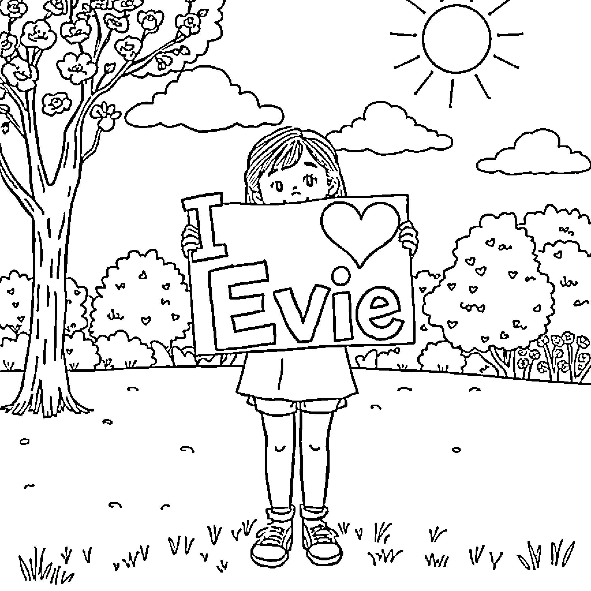 Girl holding a sign with her name outdoors Coloring Page (free black-and-white line drawing printable PDF for all, from beginners to advanced learners, including children, teens, adults, and seniors)