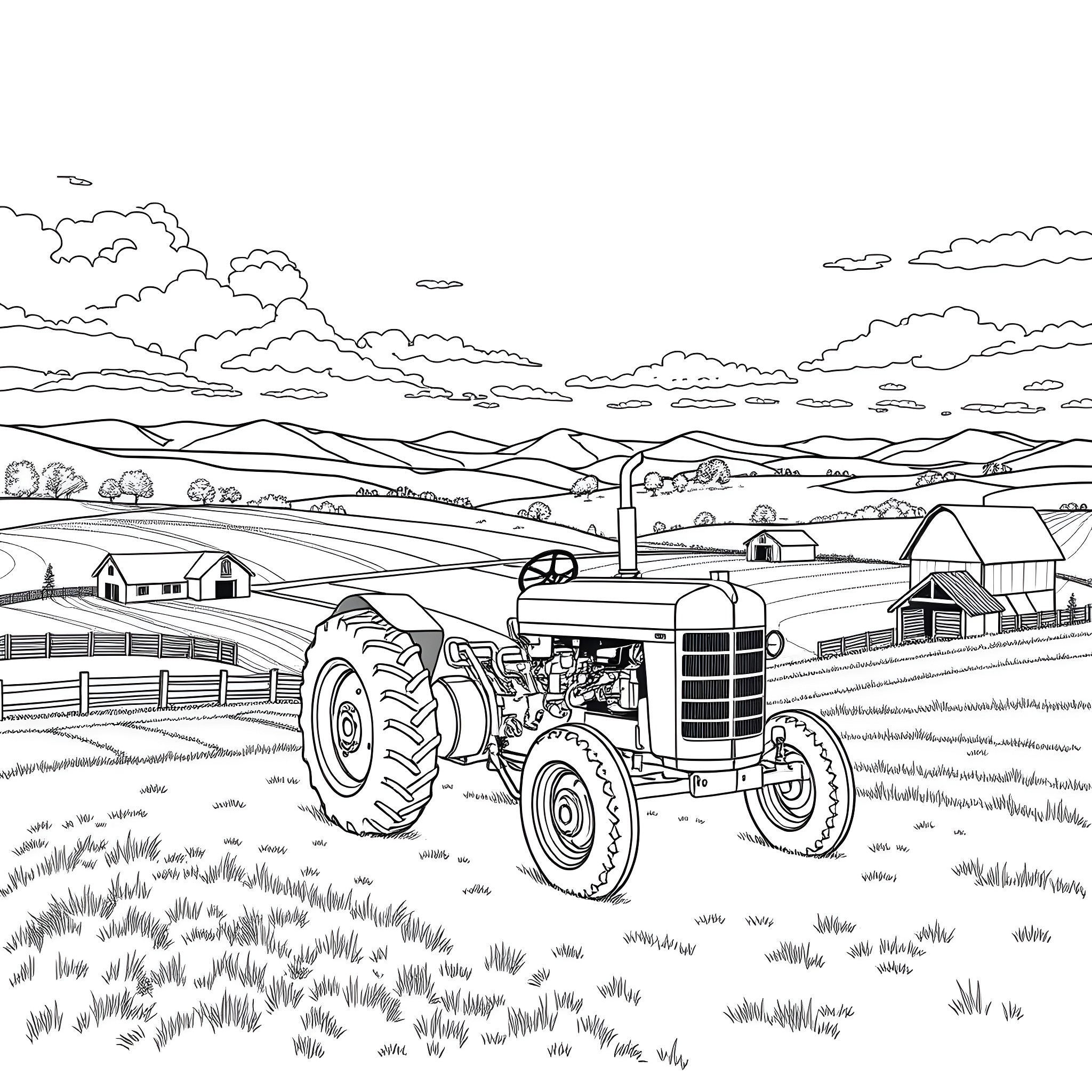Tractor plowing the fields in a rural landscape Coloring Page (free black-and-white line drawing printable PDF for all, from beginners to advanced learners, including children, teens, adults, and seniors)