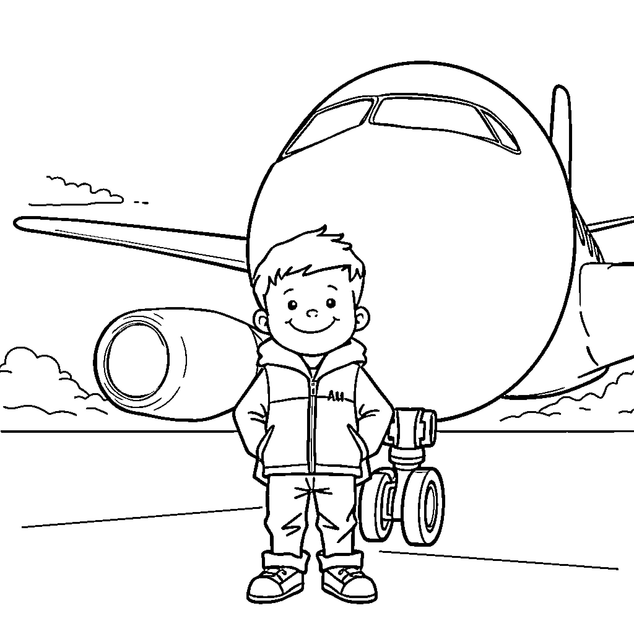 Boy in pilot outfit standing near airplane Coloring Page (free black-and-white line drawing printable PDF for all, from beginners to advanced learners, including children, teens, adults, and seniors)