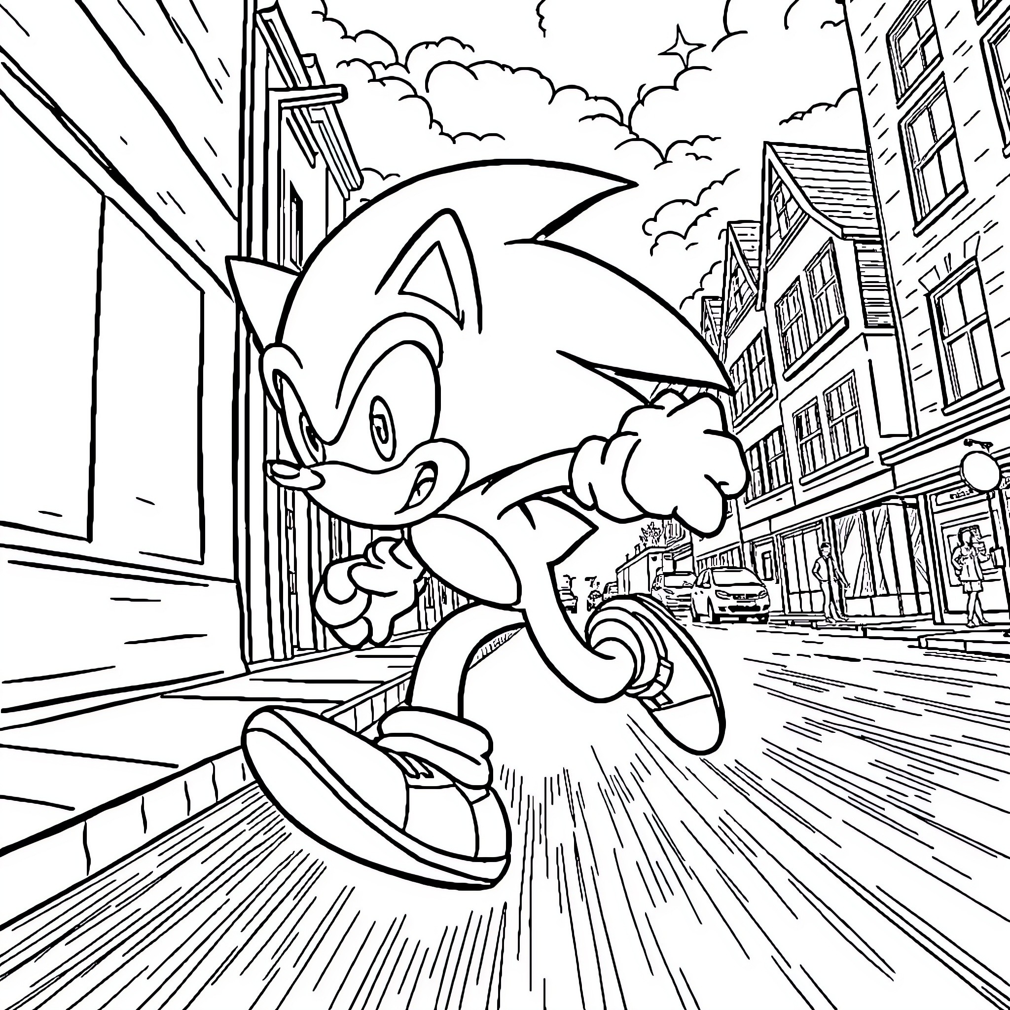 Sonic racing through the city streets Coloring Page (free black-and-white line drawing printable PDF for all, from beginners to advanced learners, including children, teens, adults, and seniors)