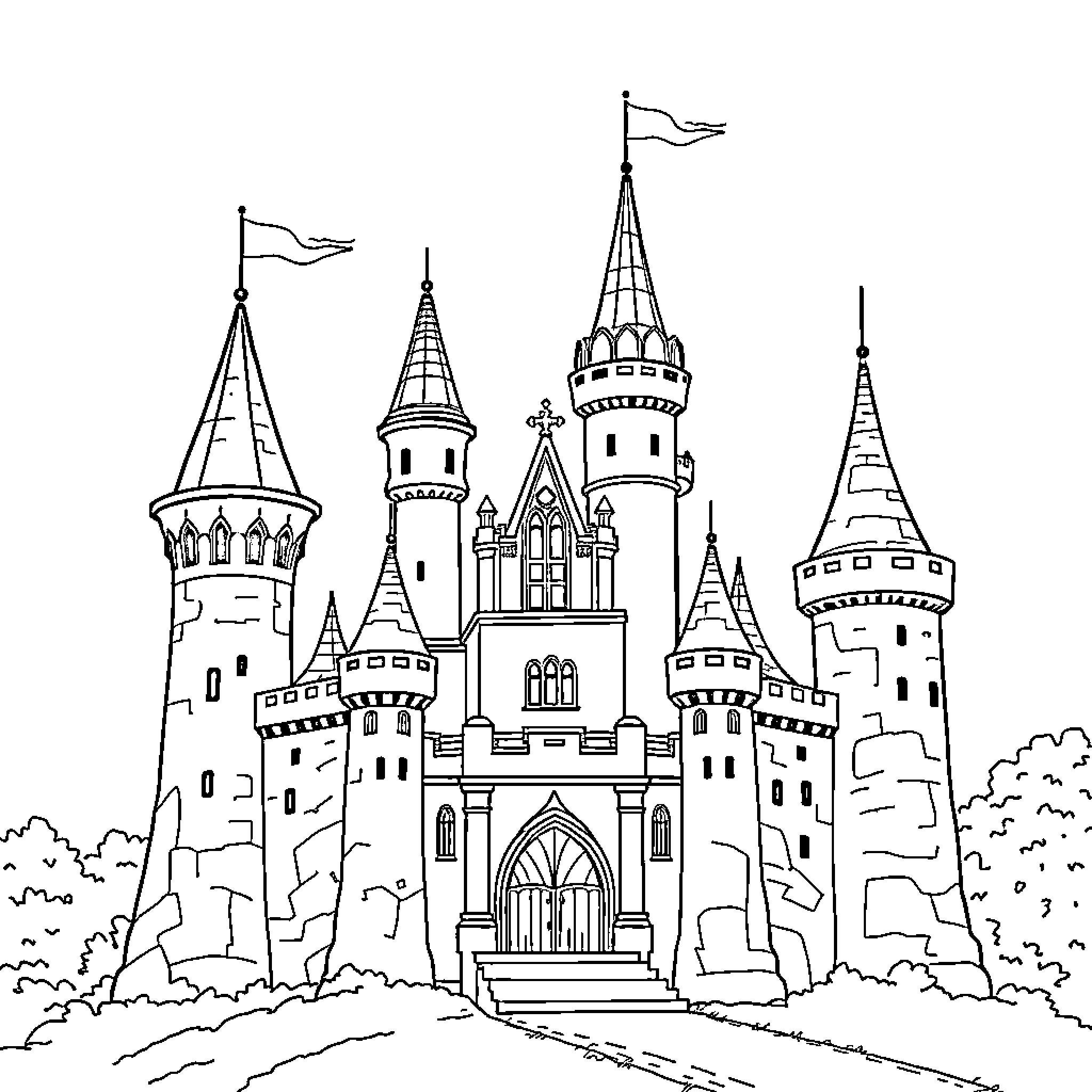 Castle with Ornate Towers and Flags Coloring Page (free black-and-white line drawing printable PDF for all, from beginners to advanced learners, including children, teens, adults, and seniors)