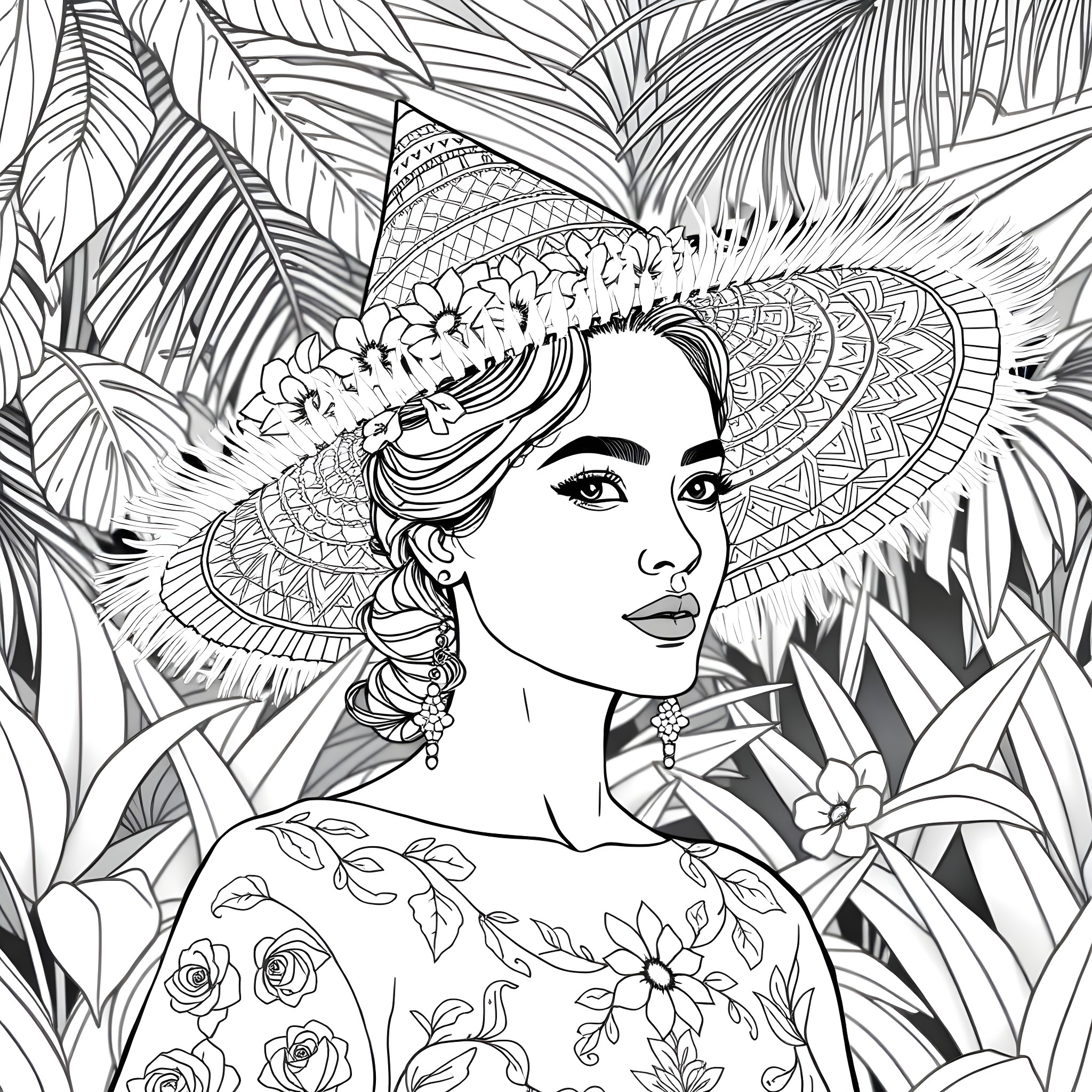 Hat Adorned Woman Amid Tropical Foliage Coloring Page (free black-and-white line drawing printable PDF for all, from beginners to advanced learners, including children, teens, adults, and seniors)