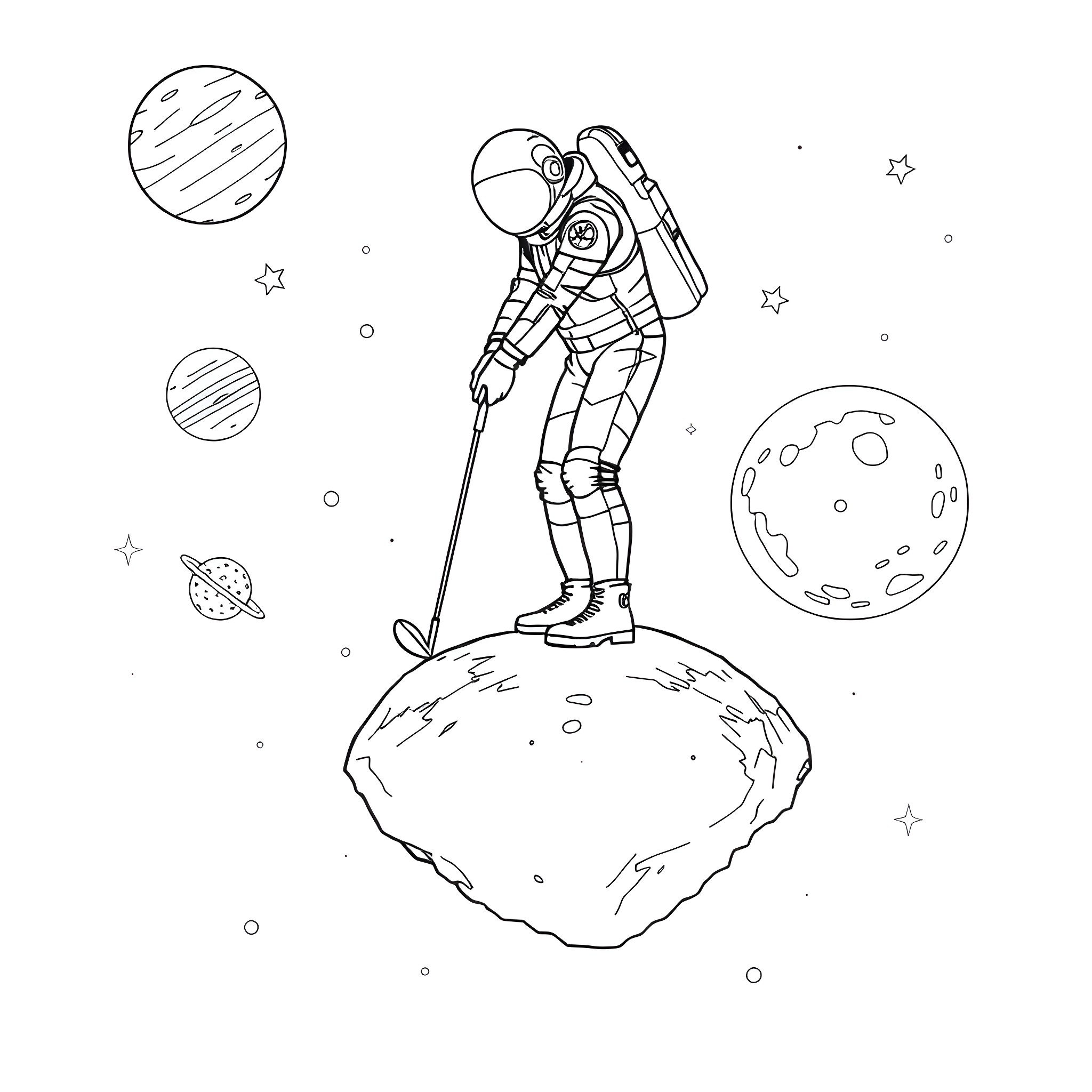 Golfer on a distant planetary landscape Coloring Page (free black-and-white line drawing printable PDF for all, from beginners to advanced learners, including children, teens, adults, and seniors)
