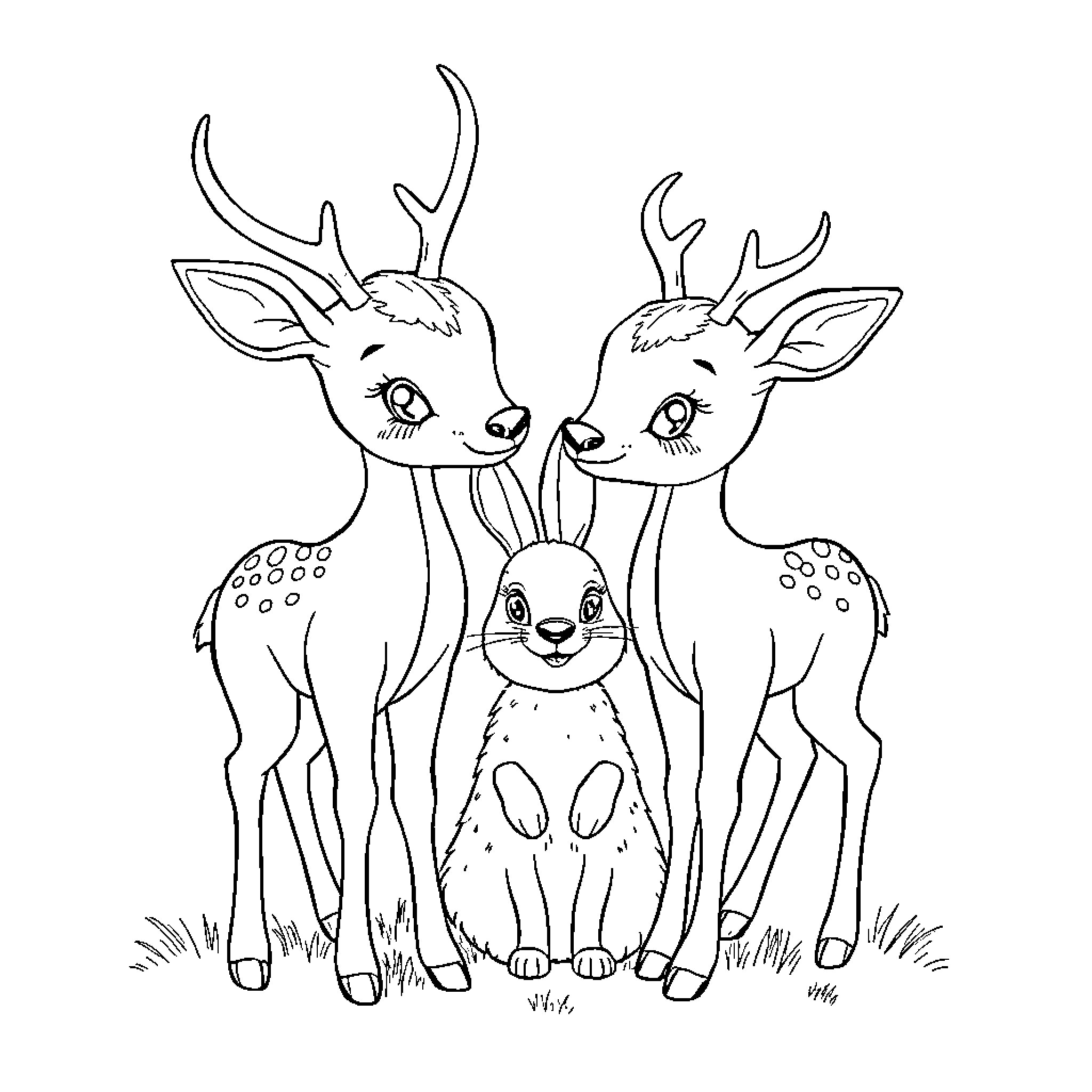 Deer family enjoying the outdoors together Coloring Page (free black-and-white line drawing printable PDF for all, from beginners to advanced learners, including children, teens, adults, and seniors)