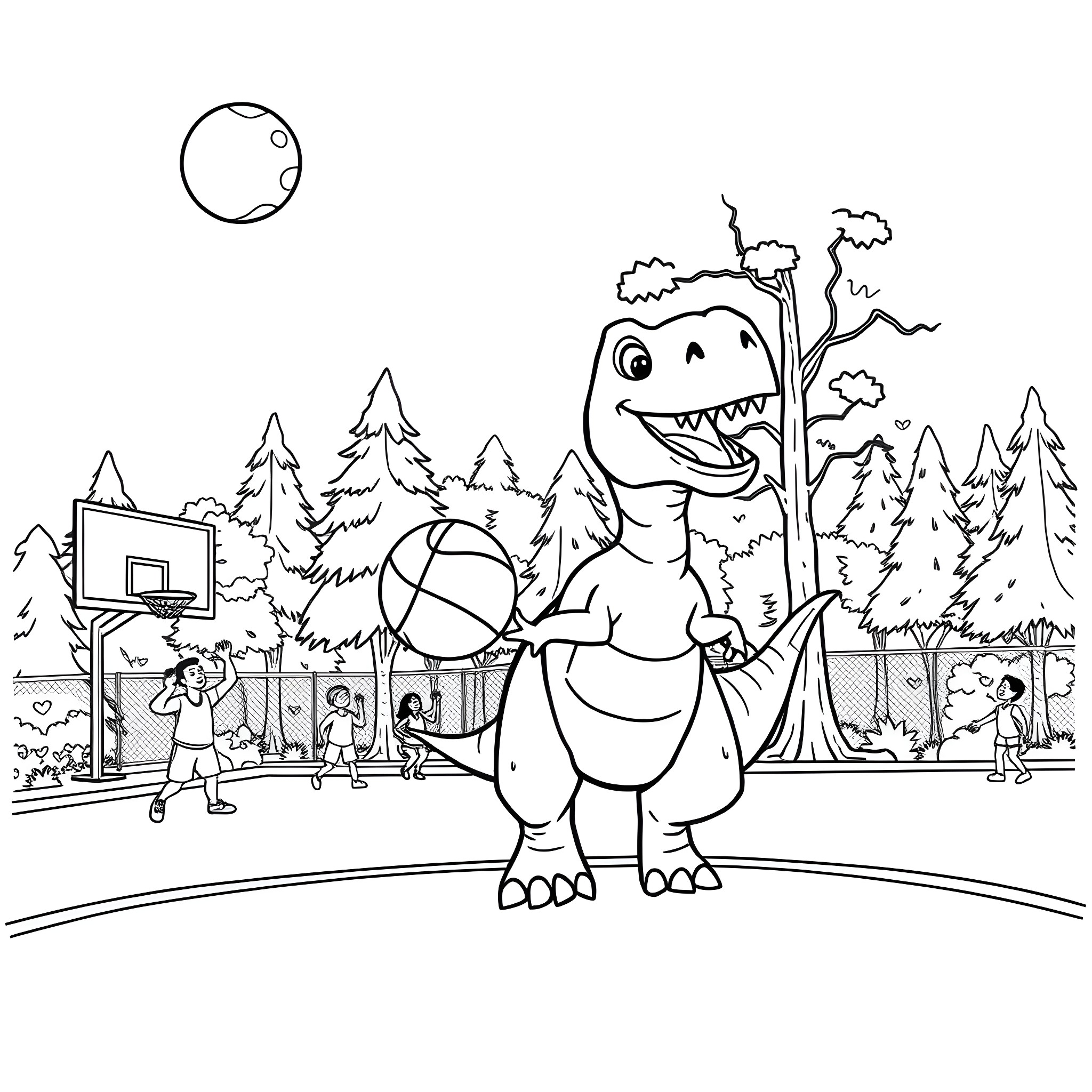 Dinosaur playing basketball in the park Coloring Page (free black-and-white line drawing printable PDF for all, from beginners to advanced learners, including children, teens, adults, and seniors)