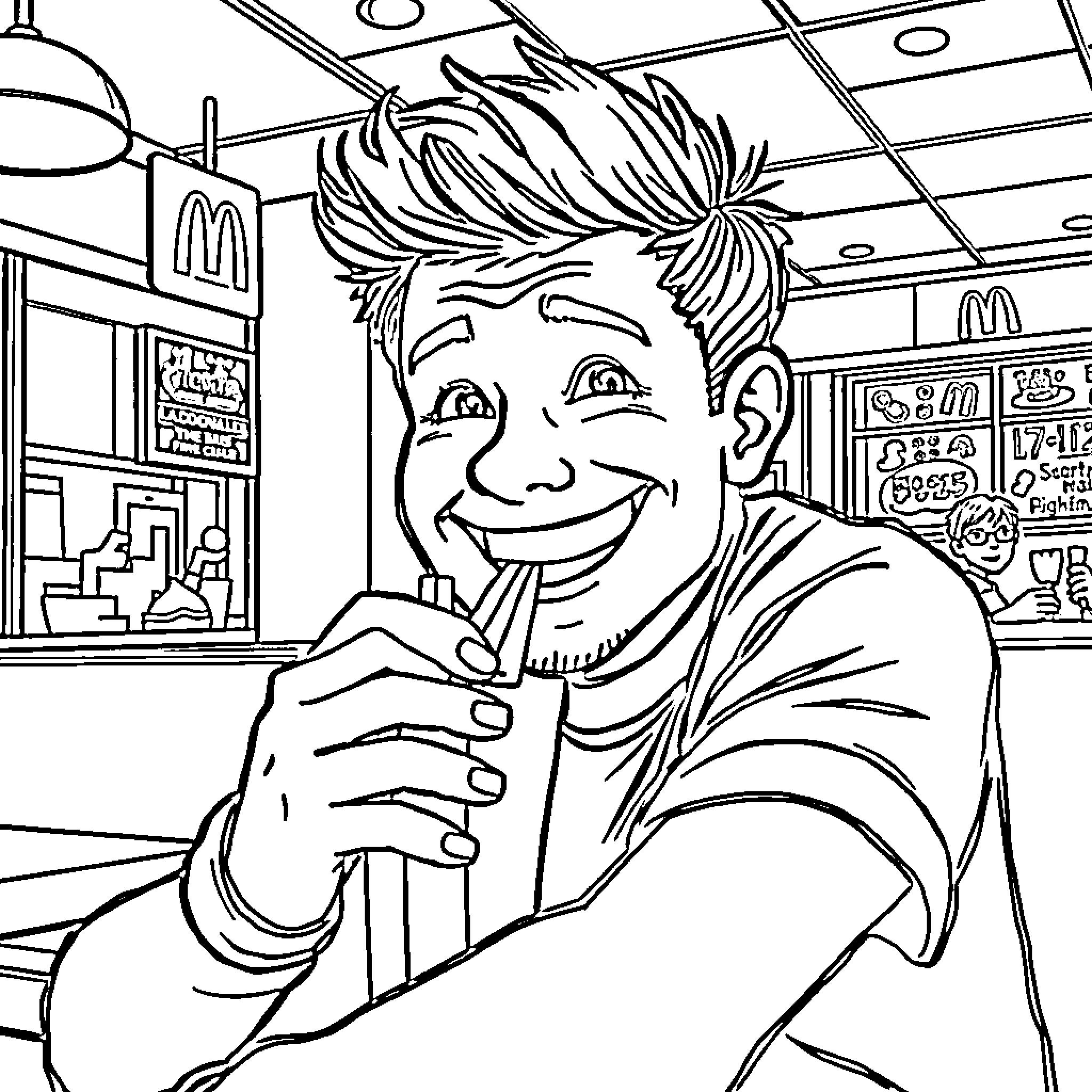 Krystian Ochman enjoying a casual meal at a restaurant Coloring Page (free black-and-white line drawing printable PDF for all, from beginners to advanced learners, including children, teens, adults, and seniors)