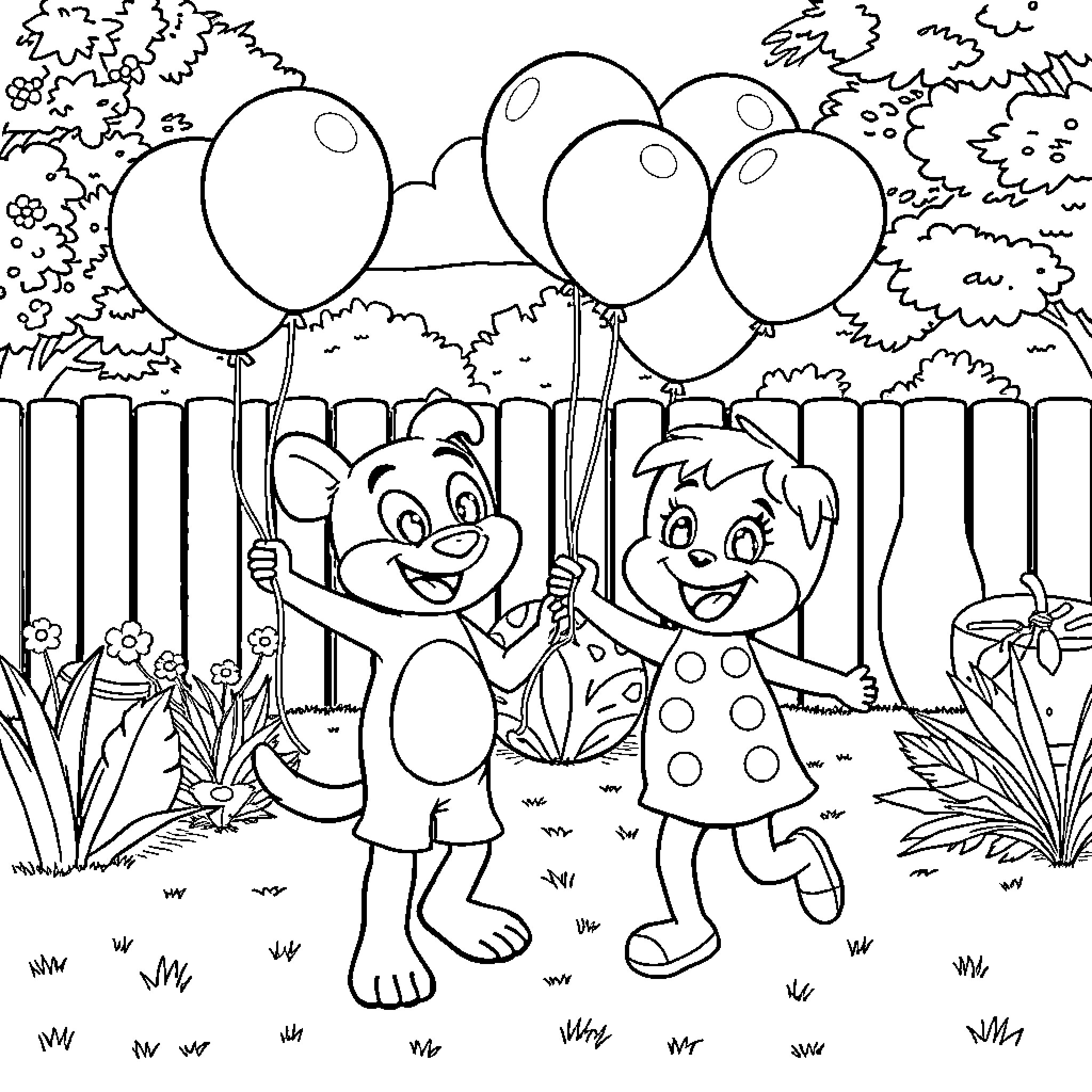 Bluey playing with friends at the park Coloring Page (free black-and-white line drawing printable PDF for all, from beginners to advanced learners, including children, teens, adults, and seniors)